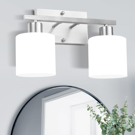 SILAMPDI 2-Light Bathroom Vanity Light Fixtures Over Mirror Brushed Nickel | Modern Milky White Frosted Glass Shades, Anti-Rust Finished, Wall Sconce for Bedroom Restroom, E26 Socket, Easy Installation