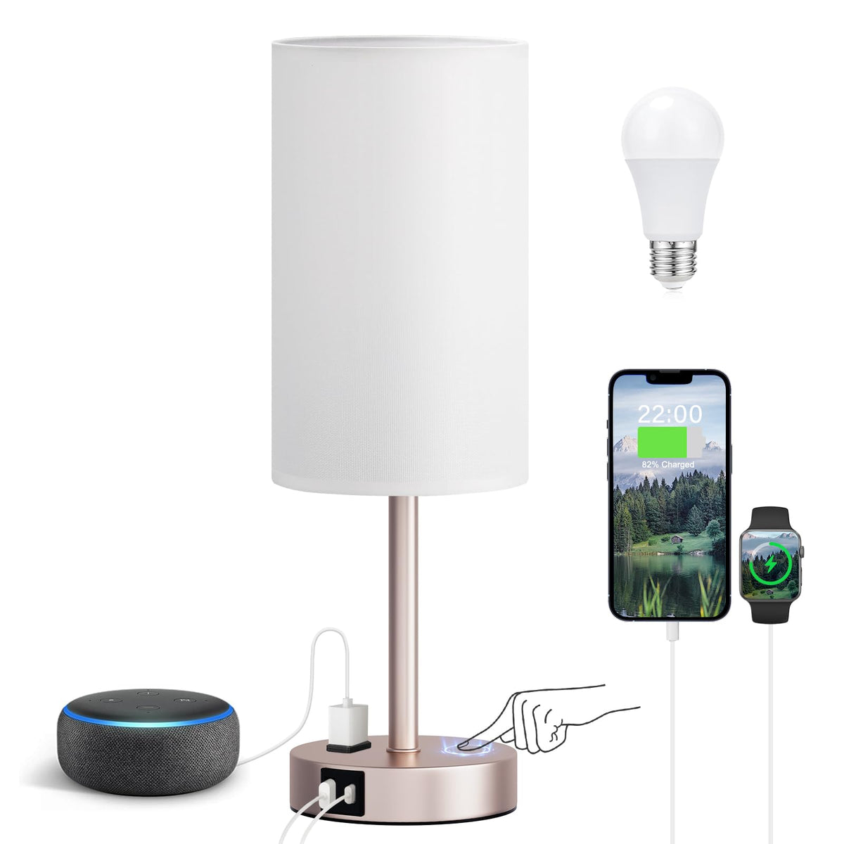 Bedside Table Lamp for Bedroom - Dimmable Touch, USB A+C, AC Outlet | 3-Way Dimmable, LED Bulb Included, Fabric Lampshade, Wood-Grain Metal Base, 14" Small Nightstand Lamp for Desk, Living Room