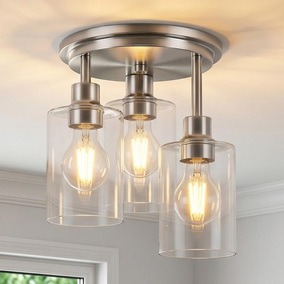 ROTTOGOON Semi Flush Mount Ceiling Light, Close to Ceiling Lights Fixtures, 3 Light Kitchen Ceiling Lights Fixtures with Glass Shades, Hallway Light Fixtures Ceiling Mount for Foyer, 9.9" x 13", Black