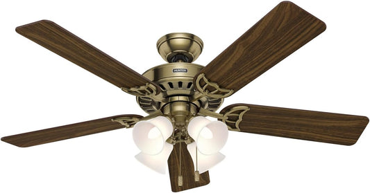 Hunter Studio Series, Indoor, Ceiling Fan, Quiet, 52 inch, Antique Brass | with LED Lights and Pull Chain, Standard Mount, 5 Blades, For Bedroom, Living Room, Kitchen, 53063