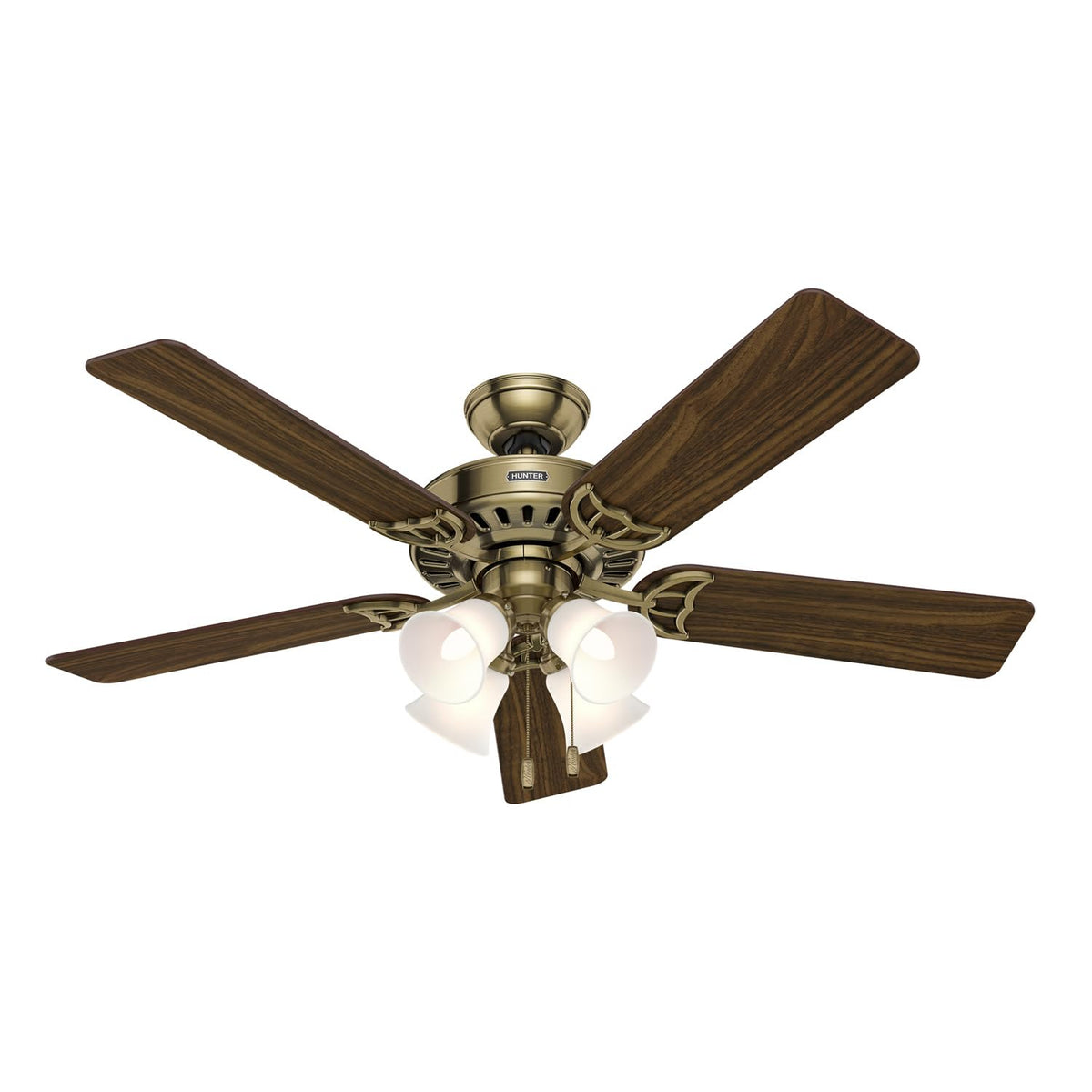 Hunter Studio Series, Indoor, Ceiling Fan, Quiet, 52 inch, Antique Brass | with LED Lights and Pull Chain, Standard Mount, 5 Blades, For Bedroom, Living Room, Kitchen, 53063