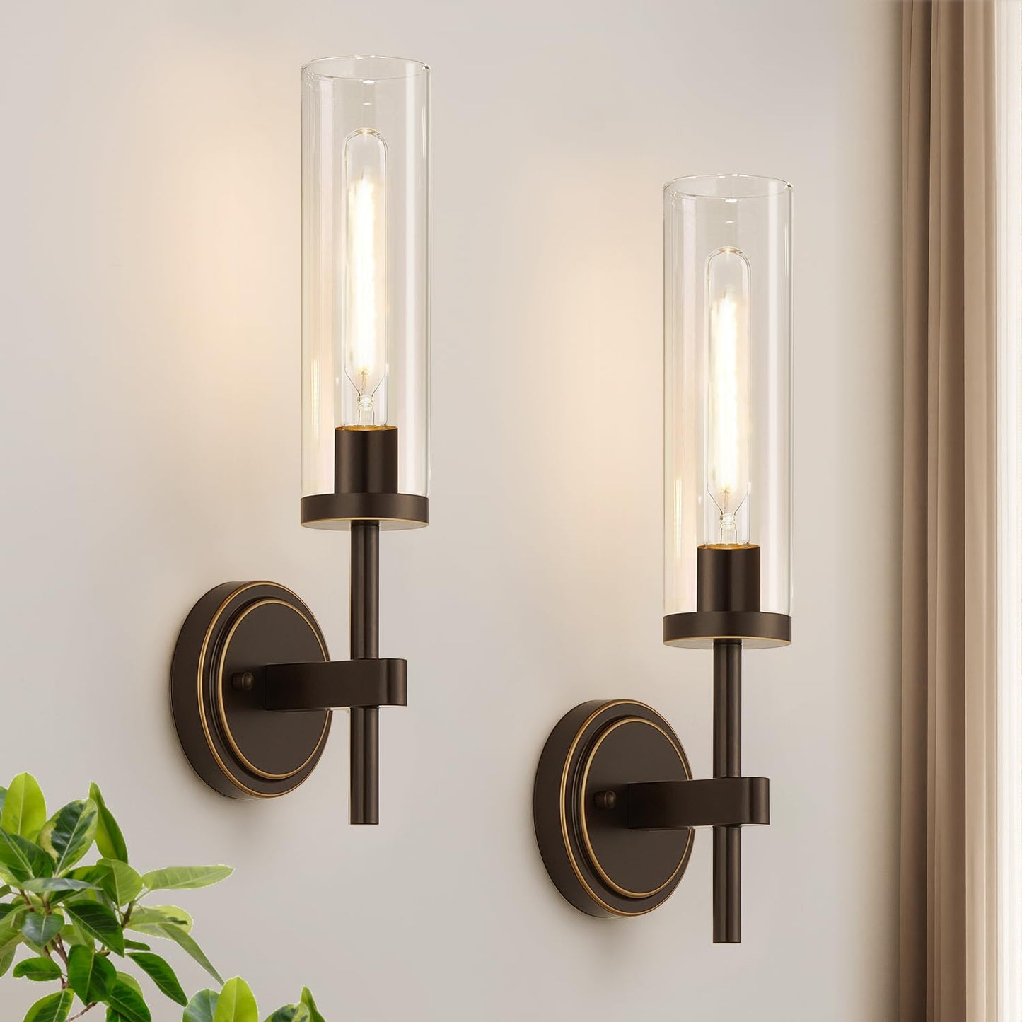 [Hardwired] Wall Sconces Set of Two, Brushed Gold Bathroom Sconces with Clear Glass, Modern Wall Light Fixtures for Bathroom Mirror Vanity, Living Room, Bedroom, Hallway, Stairway, Cabinet, Foyer