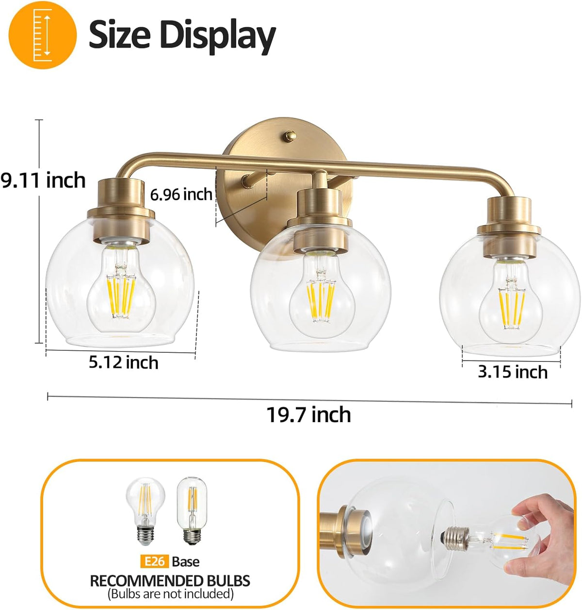 Bathroom Light Fixtures Gold Vanity Light 3 Light Brushed Brass | Wall Sconces Lighting with Clear Globe Glass Shades Bath Wall Lamp for Mirror Kitchen Living Room Bedroom Hallway