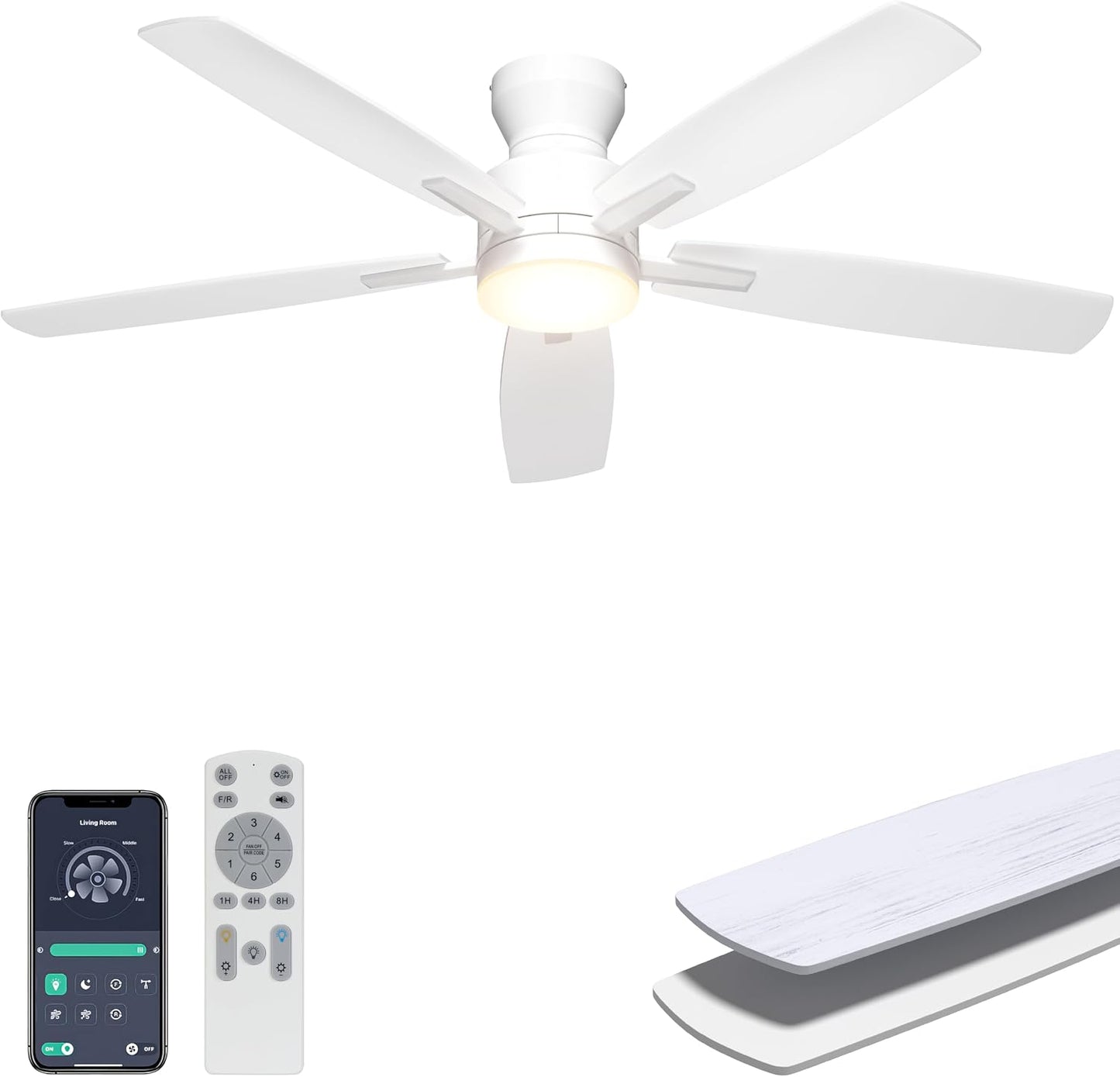 Ohniyou 52'' Low Profile Ceiling Fan with Lights, Remote/APP Control, Black | Flush Mount, Dimmable 3CCT LED, Quiet Reversible DC Motor; Memory Function, 4580 CFM, for Indoor Bedroom Living Room