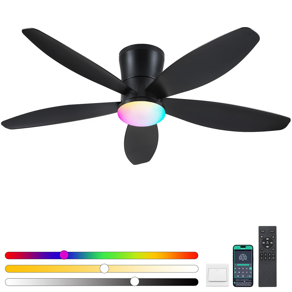 42" Ceiling Fans with Lights-Low Profile Ceiling Fan with Light and Remote Control,Flush Mount,DC Reversible,LED Dimmable Blakc Ceiling Fans for Bedroom,Indoor/Outdoor Patio Use