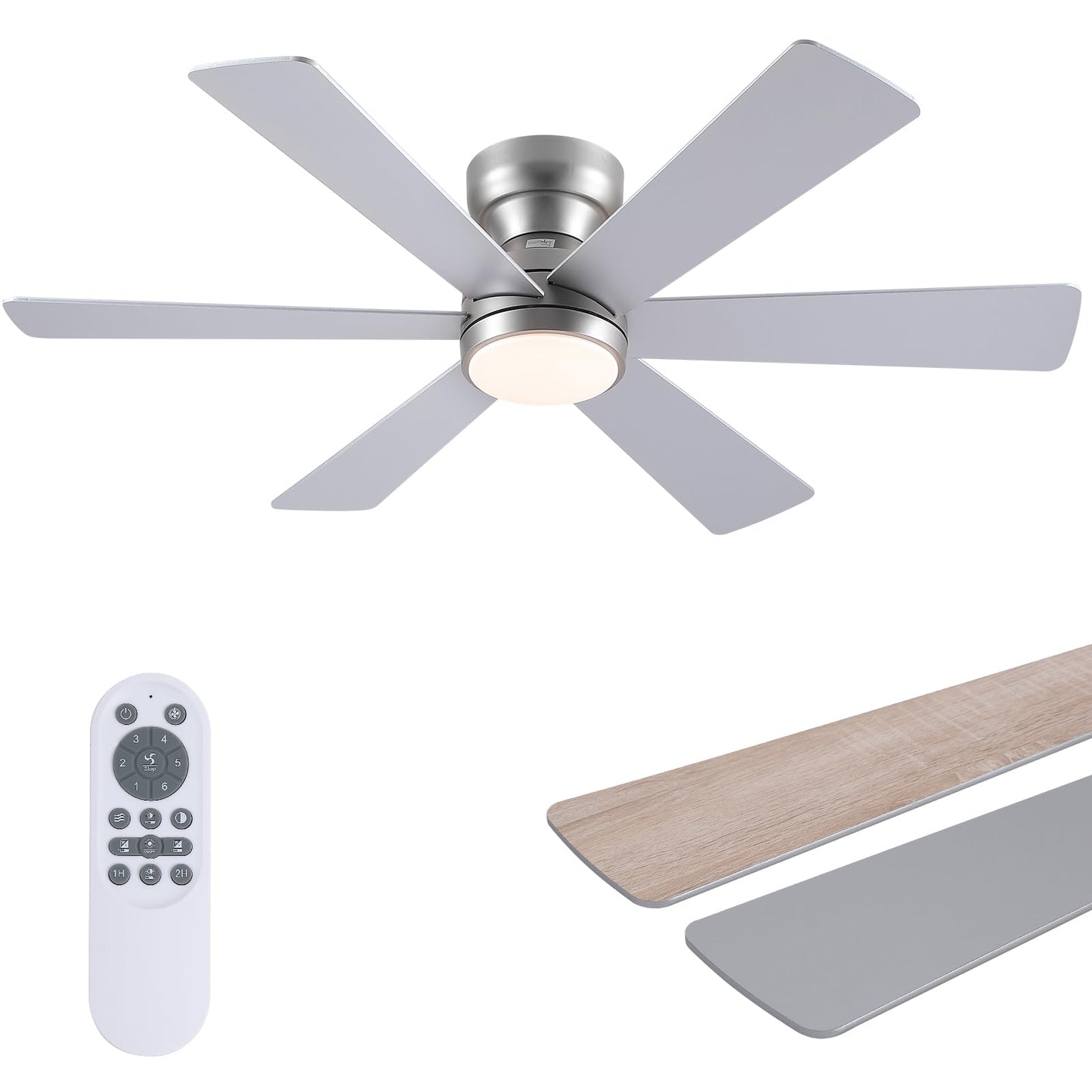 Asyko 46"Black 6-Blade Modern Low Profile Ceiling Fan with Light and Remote | 6 Double-Sided Blades,6 Wind Speeds, Reversible,Dimmable 3 CCT LED Light, 25W Quiet DC Motor,1/2H Timer,for Bedroom Kitchen