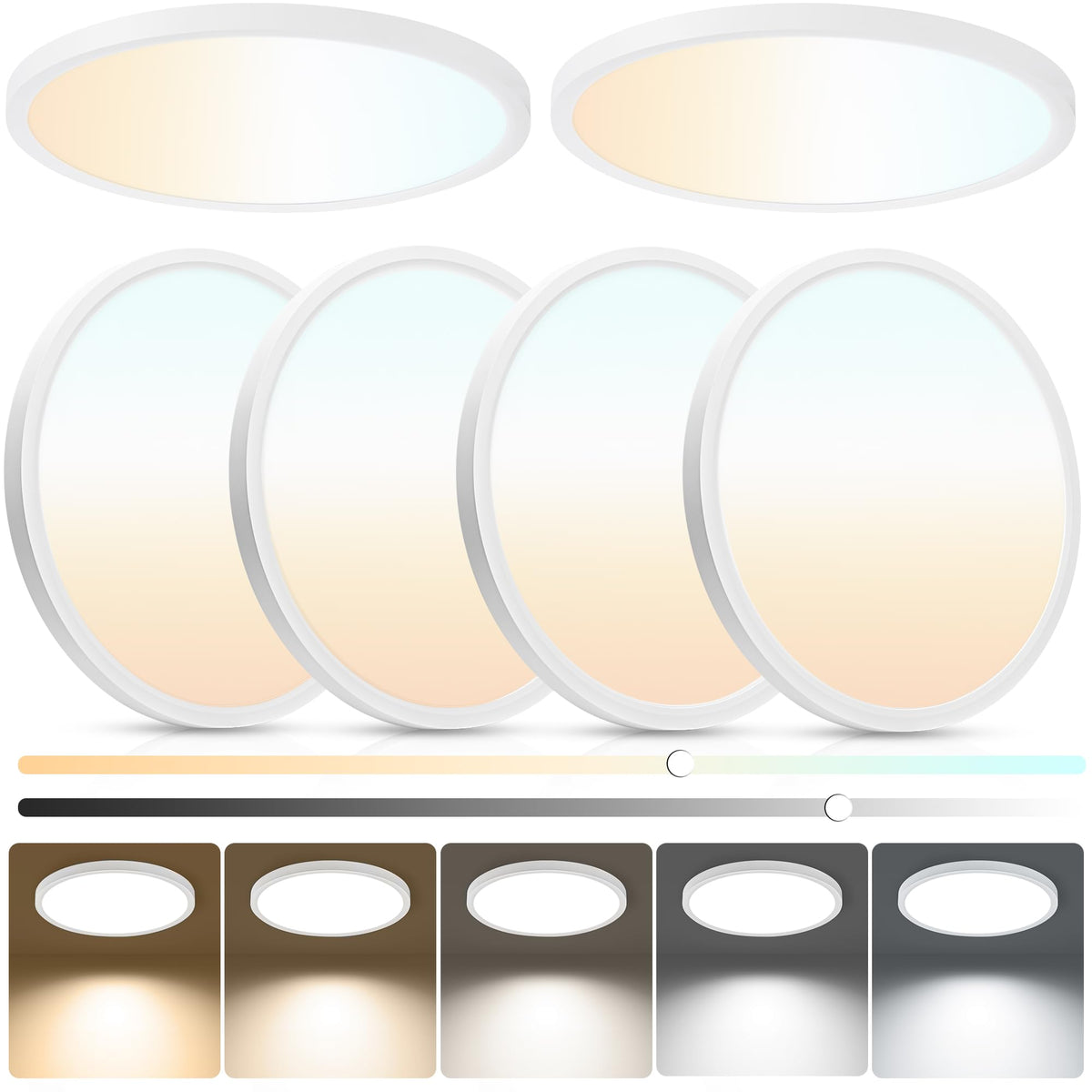 6-Pack 12in Ultra Thin LED Flush Mount Ceiling Light,Dimmable,5CCT | 2700K-6500K, 24W 2640LM, Anti-Glare,Edge-lit, Hardwired Light Fixture for Bedroom Kitchen Hallway Laundry Porch, Black