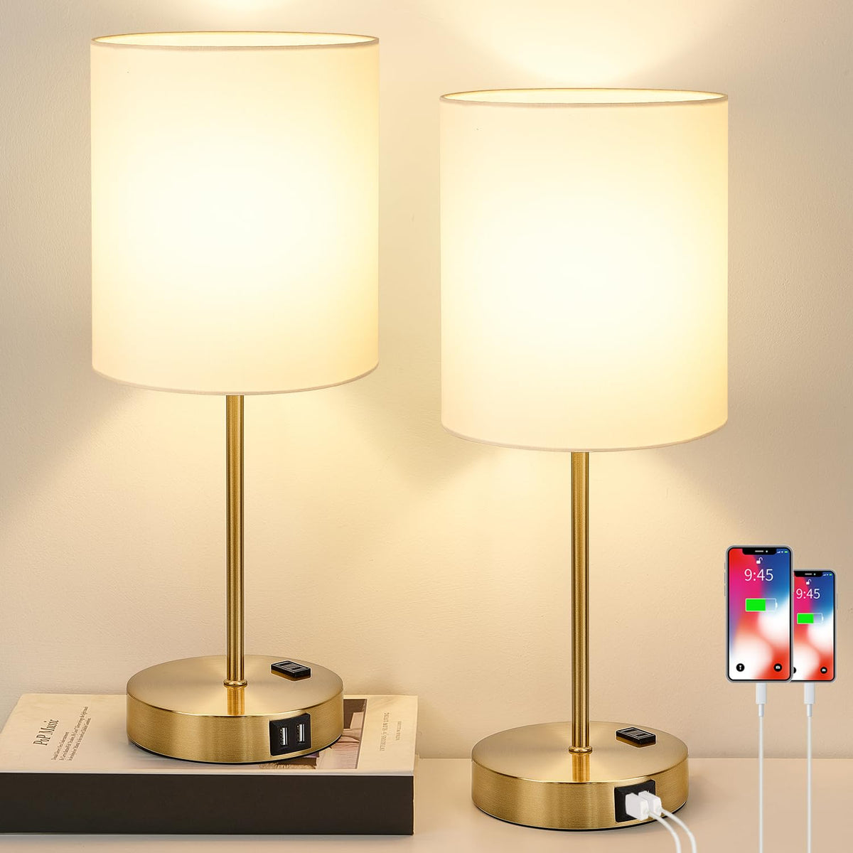 Set of 2 Touch Control Table Lamps with 2 USB & AC Outlet, 3-Way Dimmable Bedside Nightstand Lamps for Bedroom Living Room Nursery, 800 Lumens 5000K Daylight Bulbs Included