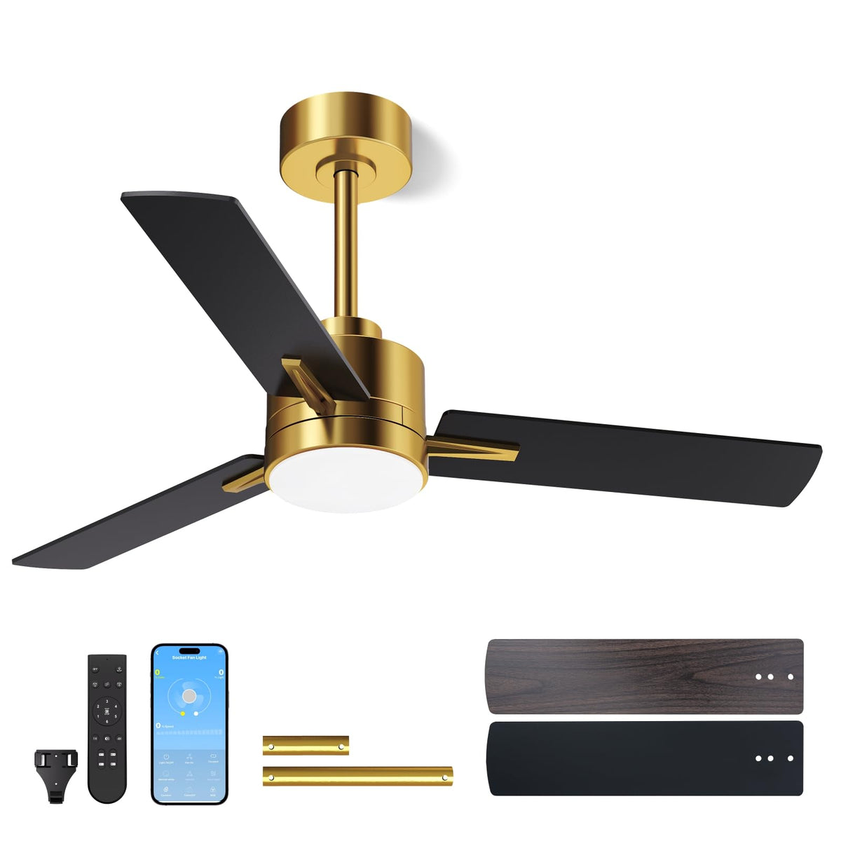 LANMEL Metal Ceiling Fan with Lights and Remote, 42 Inch, Gold & Black | Modern Low Profile Flush Mount, Reversible, 3CCT Dimmable, Quiet, LED, For Bedroom, Living Room, Indoor/Outdoor Patio Use
