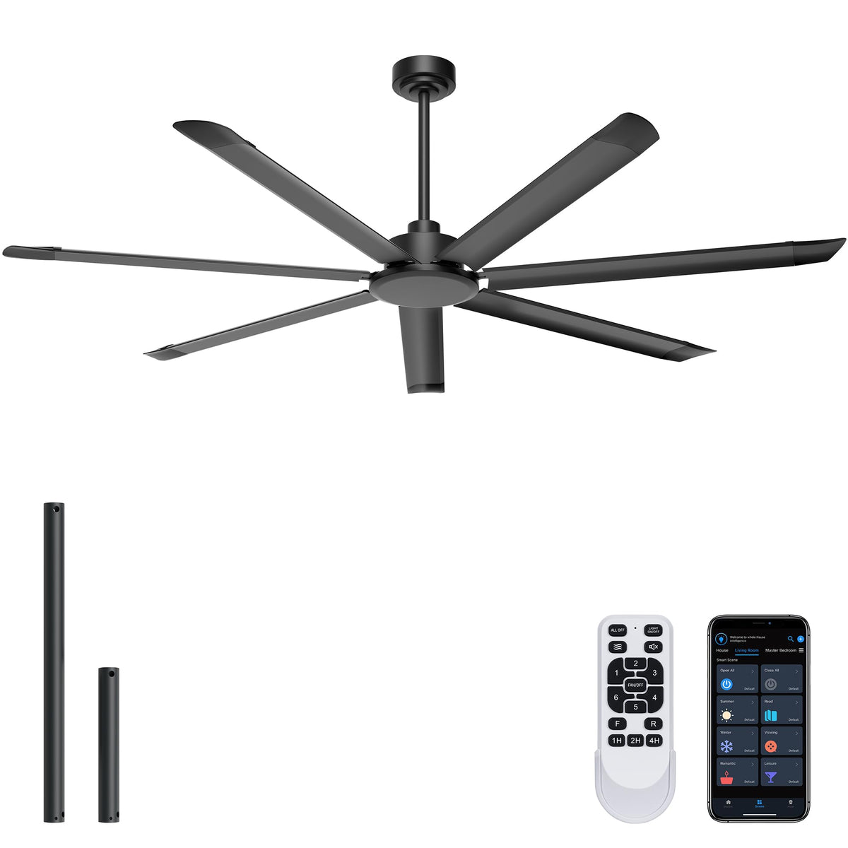 Ohniyou 60'' Industrial Ceiling Fan with Light for Patio, Porch, Black | 6800 CFM Airflow, 35dB DC Motor, 5 Aluminum Blades, 3CCT Dimming, Remote/APP Control, Covered Outdoor Metal Fan