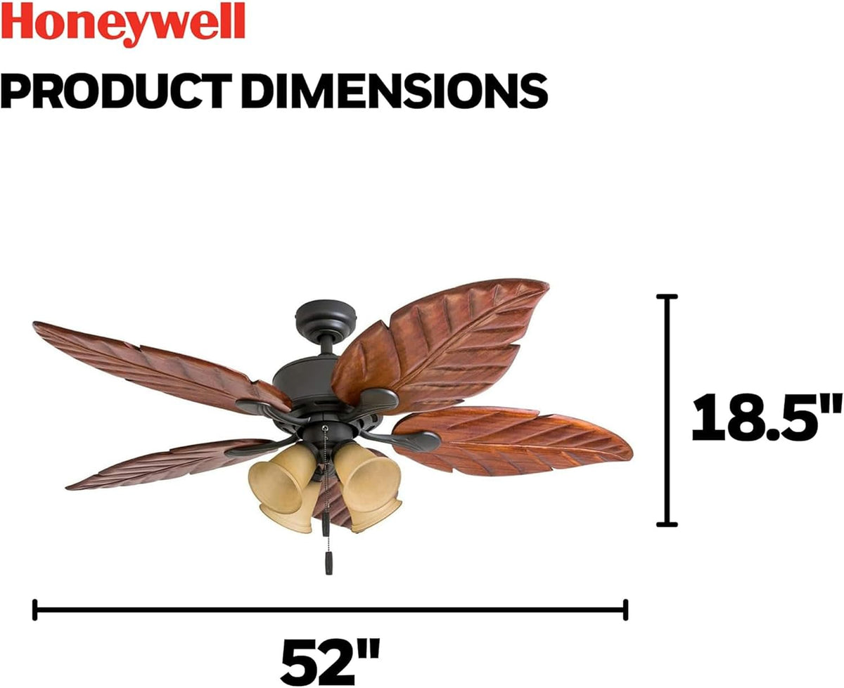 Honeywell Ceiling Fans Royal Palm, 52 Inch Tropical LED Ceiling Fan with Light, Pull Chain, Three Mounting Options, Hand Carved Solid Wood Blades - Model 50503-01 (Bronze)