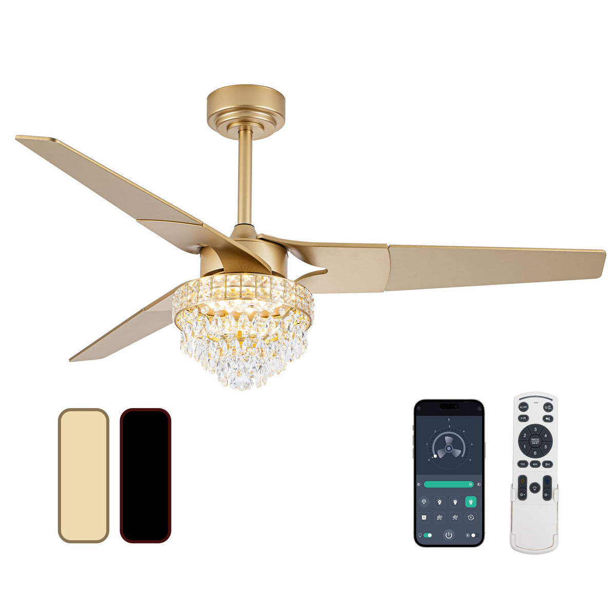 Gold Ceiling Fan with Lights and Remote, 52 In | 3 Blade Style, App Remote Control, Timer, Reversible, 3CCT, 6 Speed, 2 Color Blade for Indoor, Bedroom, Living Room