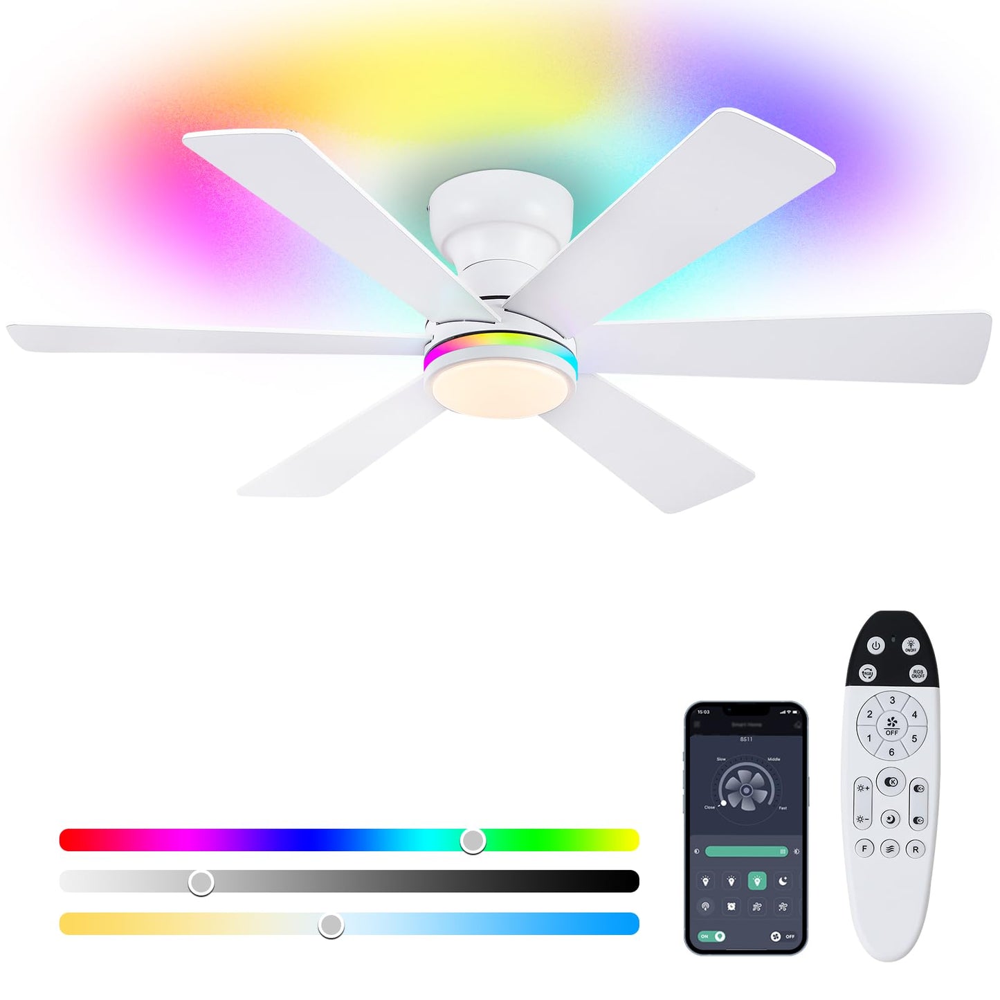 Asyko 46"Black 6-Blade Modern Low Profile Ceiling Fan with Light and Remote | 6 Double-Sided Blades,6 Wind Speeds, Reversible,Dimmable 3 CCT LED Light, 25W Quiet DC Motor,1/2H Timer,for Bedroom Kitchen