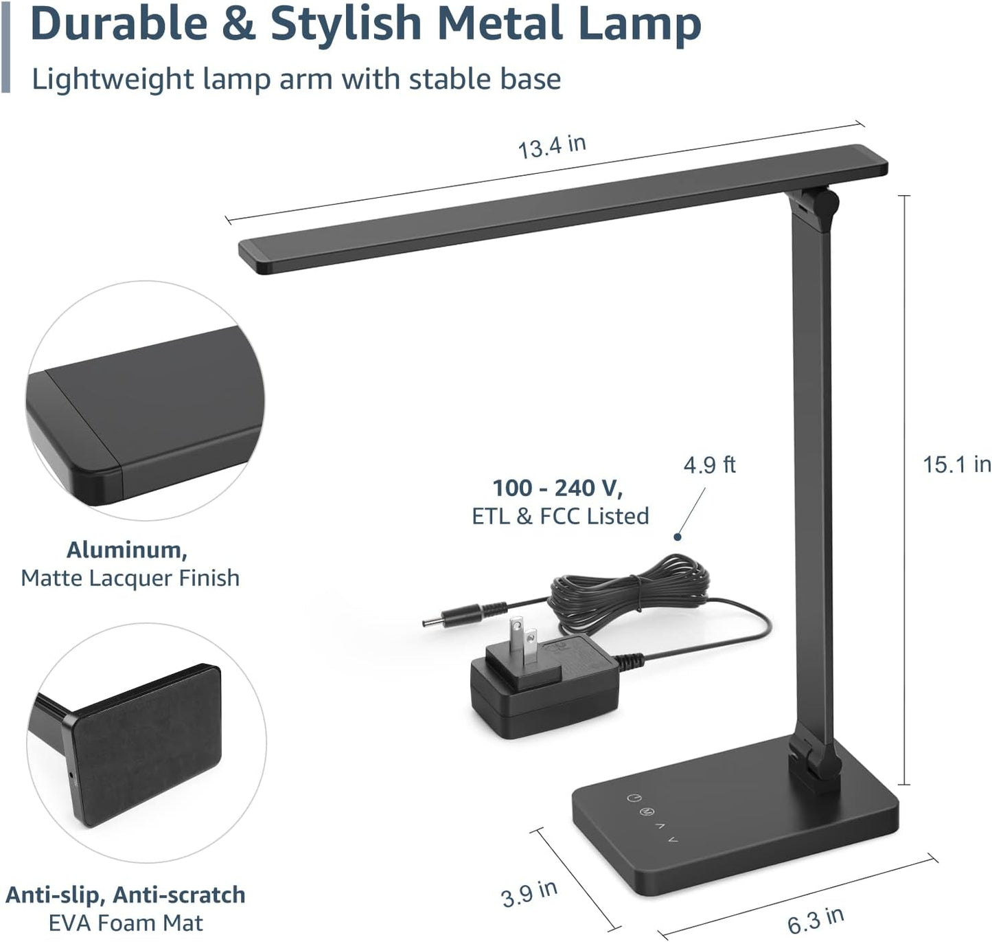 Lepro LED Desk Lamp for Home Office, 9.5W 750LM Touch Desk Light, Black | 5 Color Modes 5 Brightness Level, Eye Caring, Metal Task Lamp For Reading, Sewing, Crafts, School Supplies, Puzzle Light