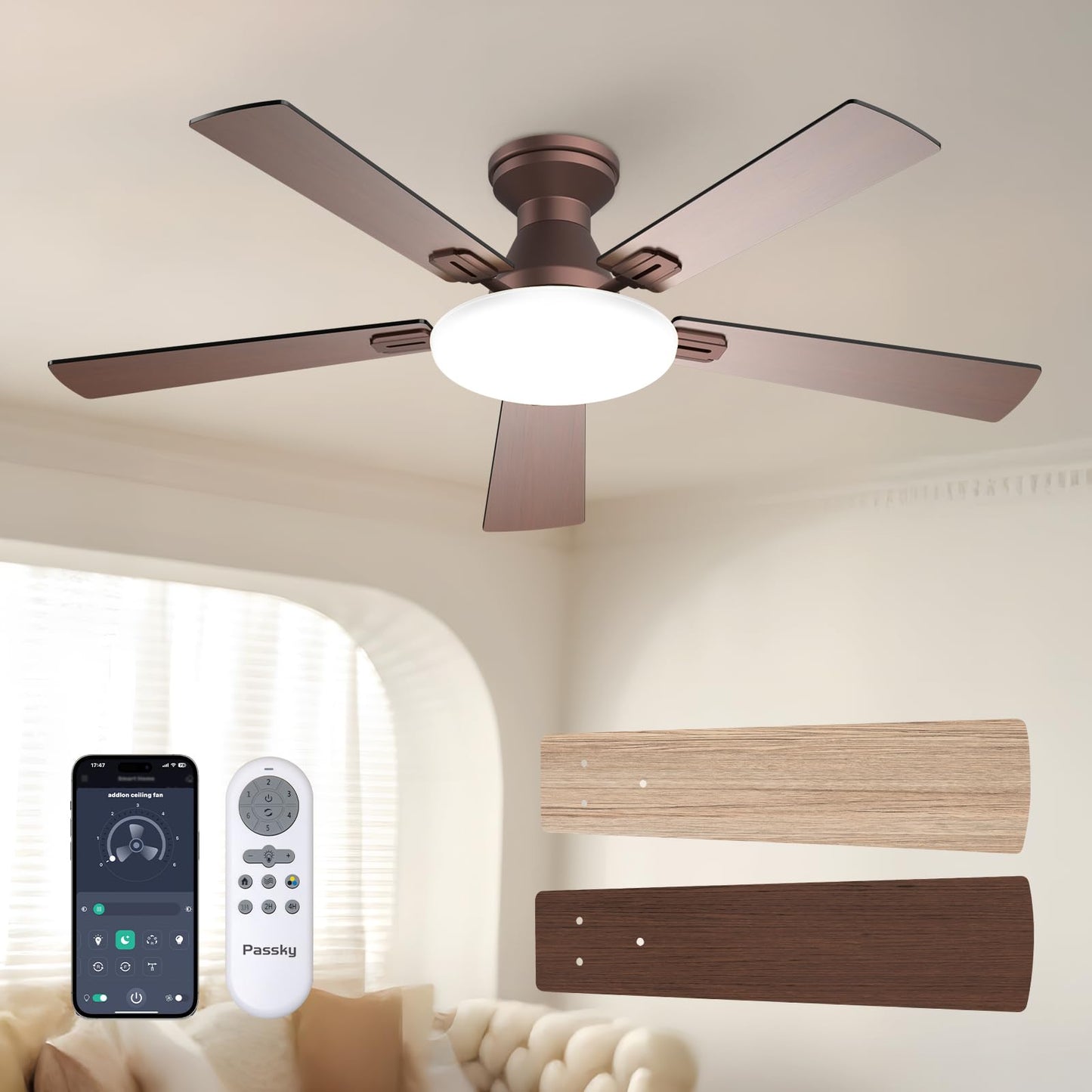 Passky 52 Inch Black Low Profile Ceiling Fans with Lights and Remote | Flush mount, 3-color dimmable light, quiet reversible DC motor, easy install, memory, APP, bedroom, covered outdoor areas