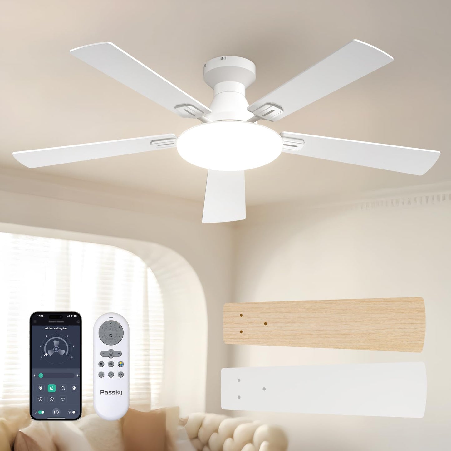 Passky 52 Inch Black Low Profile Ceiling Fans with Lights and Remote | Flush mount, 3-color dimmable light, quiet reversible DC motor, easy install, memory, APP, bedroom, covered outdoor areas