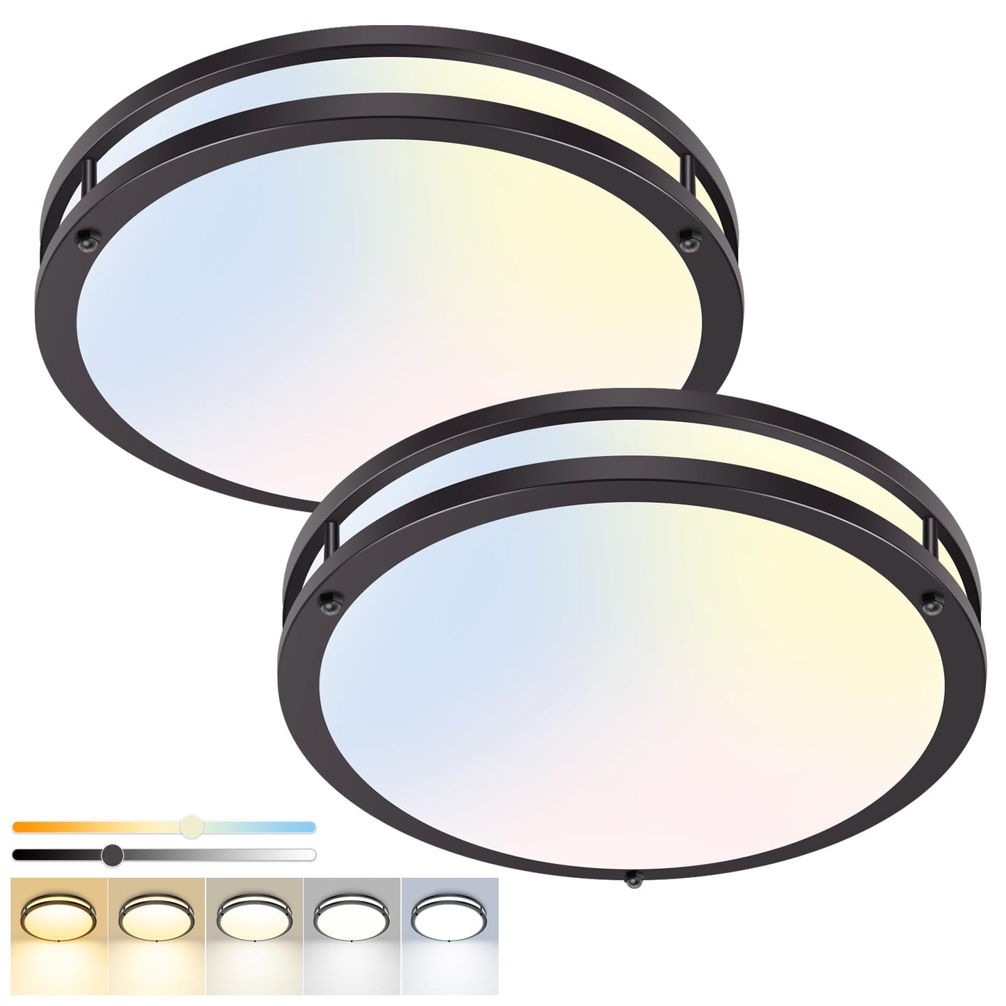 hepside 13inch Flush Mount Ceiling Light Fixture 2 Pack, Dimmable & 5 Color Temperatures Ceiling Light Black, 24W 3000K 3500K 4000K 5000K 6500K Adjustable Ceiling Lamps for Bathroom Bedroom Hallway