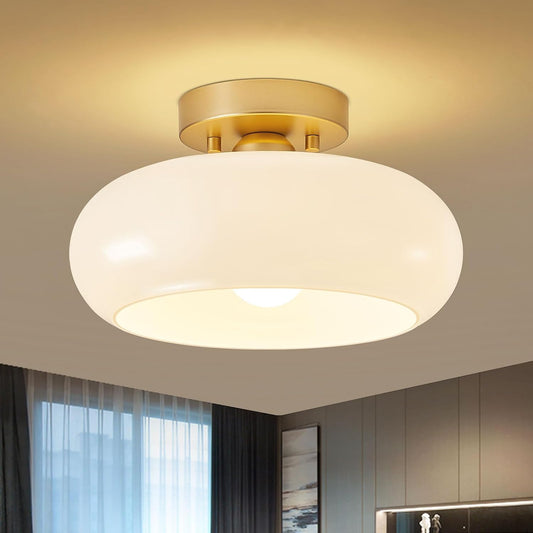 WOKNOS Mid-Century Modern Gold Semi Flush Ceiling Light 11.0 Inch | Small White Glass Shade Close to Ceiling Lighting Fixture For Kitchen Entryway Hallway Bathroom Closet Bedroom Laundry Room