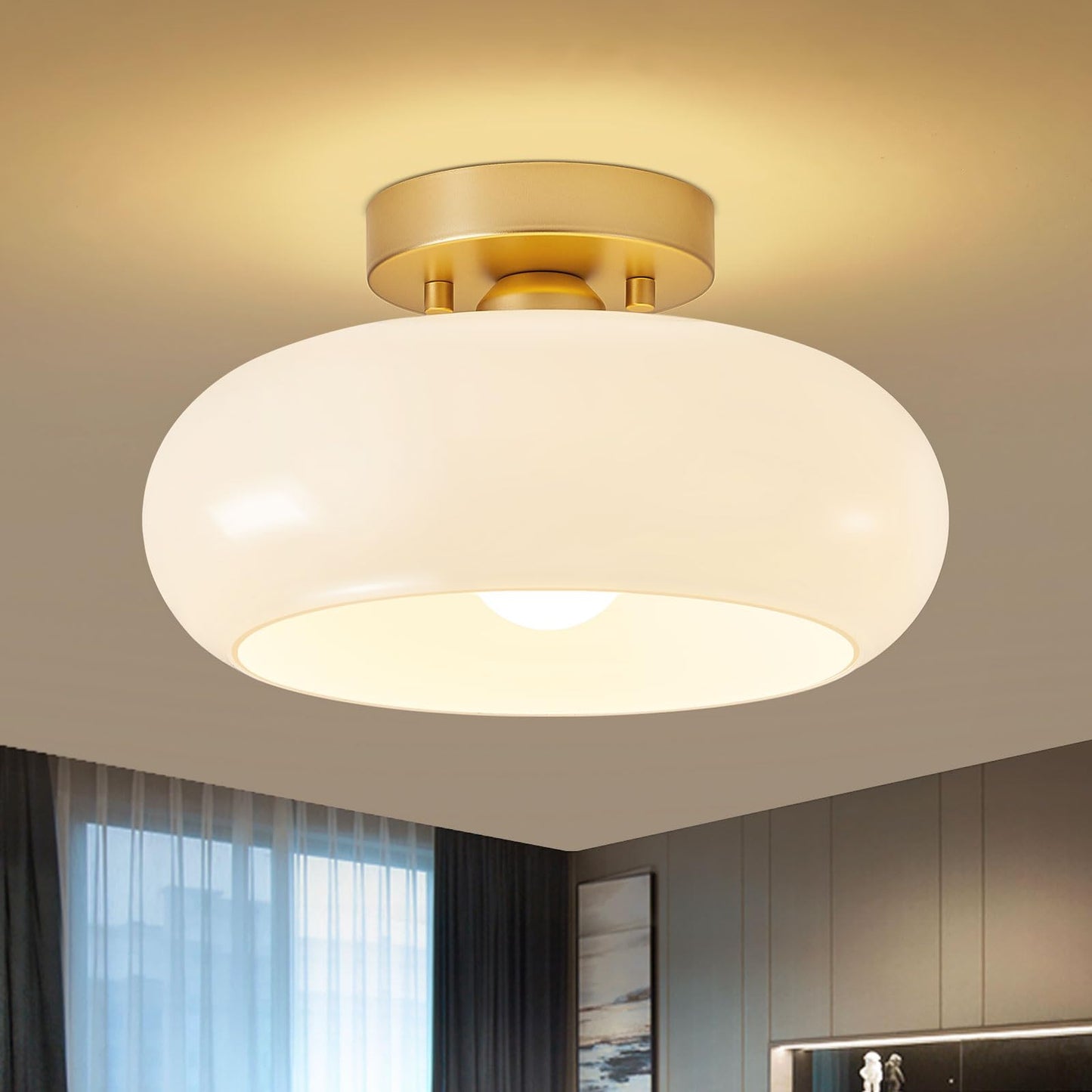 WOKNOS Mid-Century Modern Gold Semi Flush Ceiling Light 11.0 Inch | Small White Glass Shade Close to Ceiling Lighting Fixture For Kitchen Entryway Hallway Bathroom Closet Bedroom Laundry Room