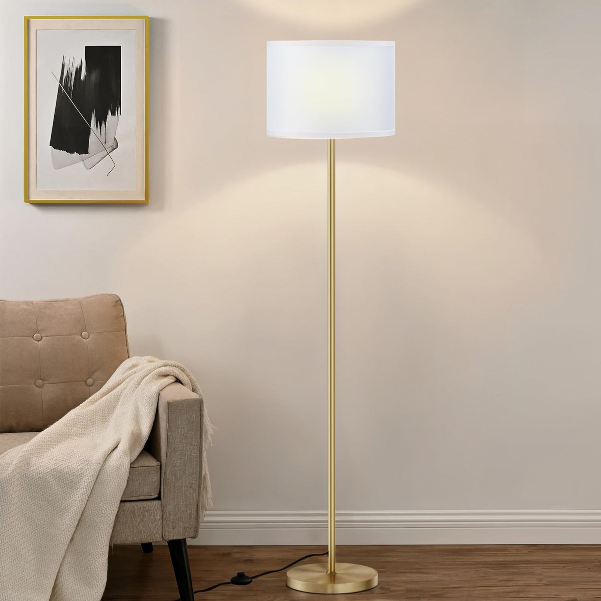 Modern Floor Lamp Simple Design with White Shade & Foot Pedal Switch | 60" Black Floor Lamp(Without Bulb), Tall Lamps for Living Room Bedroom Office Dining Room Kitchen