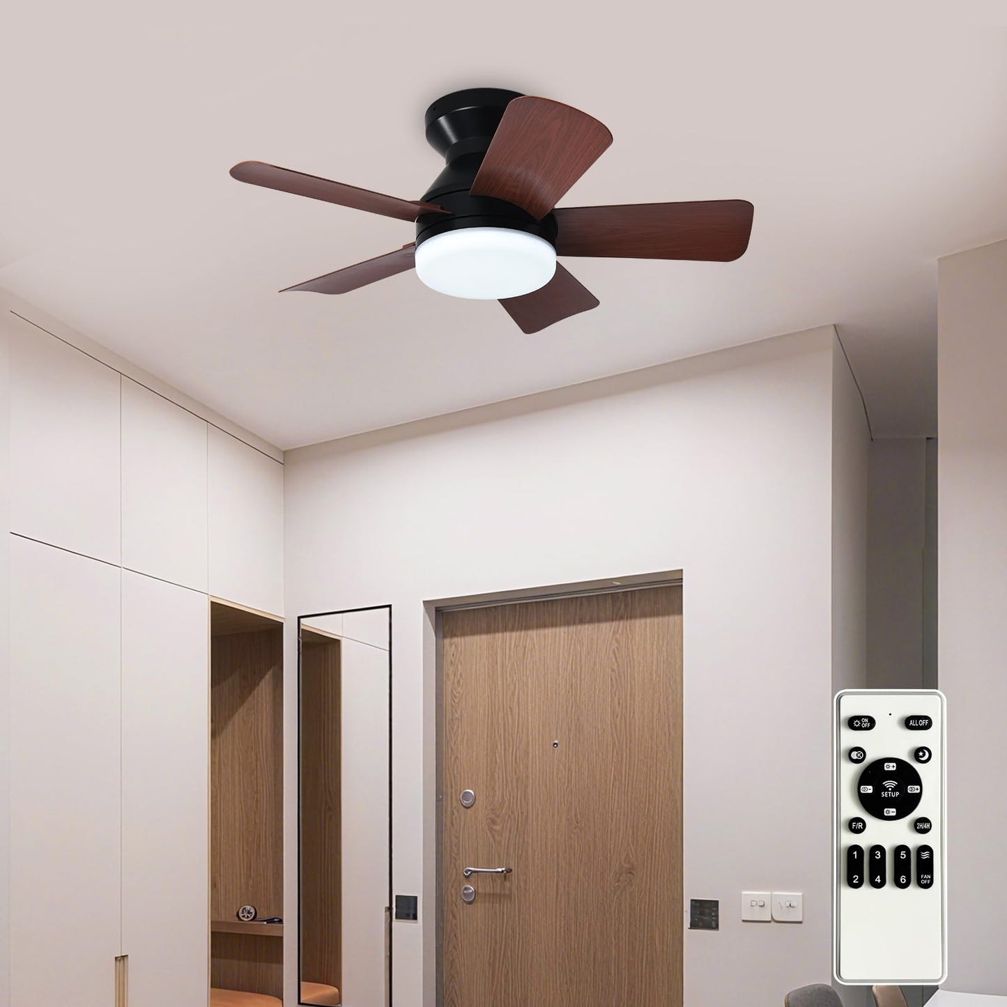 Depuley Modern Ceiling Fan with Light: 42-Inch Black Small Fans for Bedroom Indoor Outdoor - Dimmable Low Profile Ceiling Fans with Remote Control Flush Mount 5 Reversible Black Blades 6 Speeds Timer