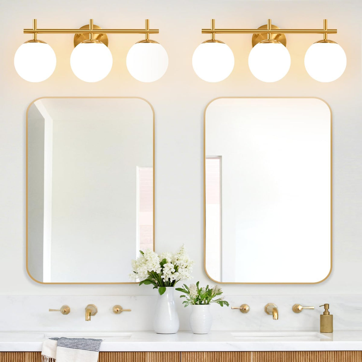 3-Light Bathroom Light Fixtures, Brushed Gold Vanity Lights for Bathroom with Milky White Glass Globe Shade, 19.3 inch Bathroom Lighting Fixtures Over Mirror, Wall Sconce for Bedroom(Bulb Not Included
