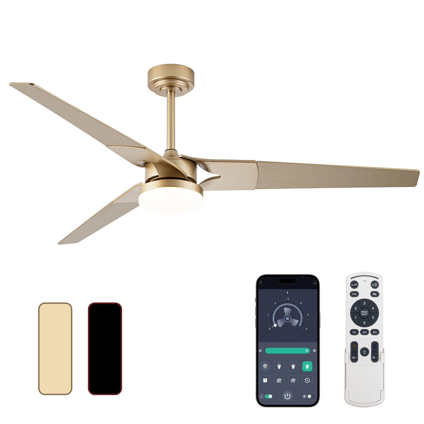 Gold Ceiling Fan with Lights and Remote, 52 In | 3 Blade Style, App Remote Control, Timer, Reversible, 3CCT, 6 Speed, 2 Color Blade for Indoor, Bedroom, Living Room