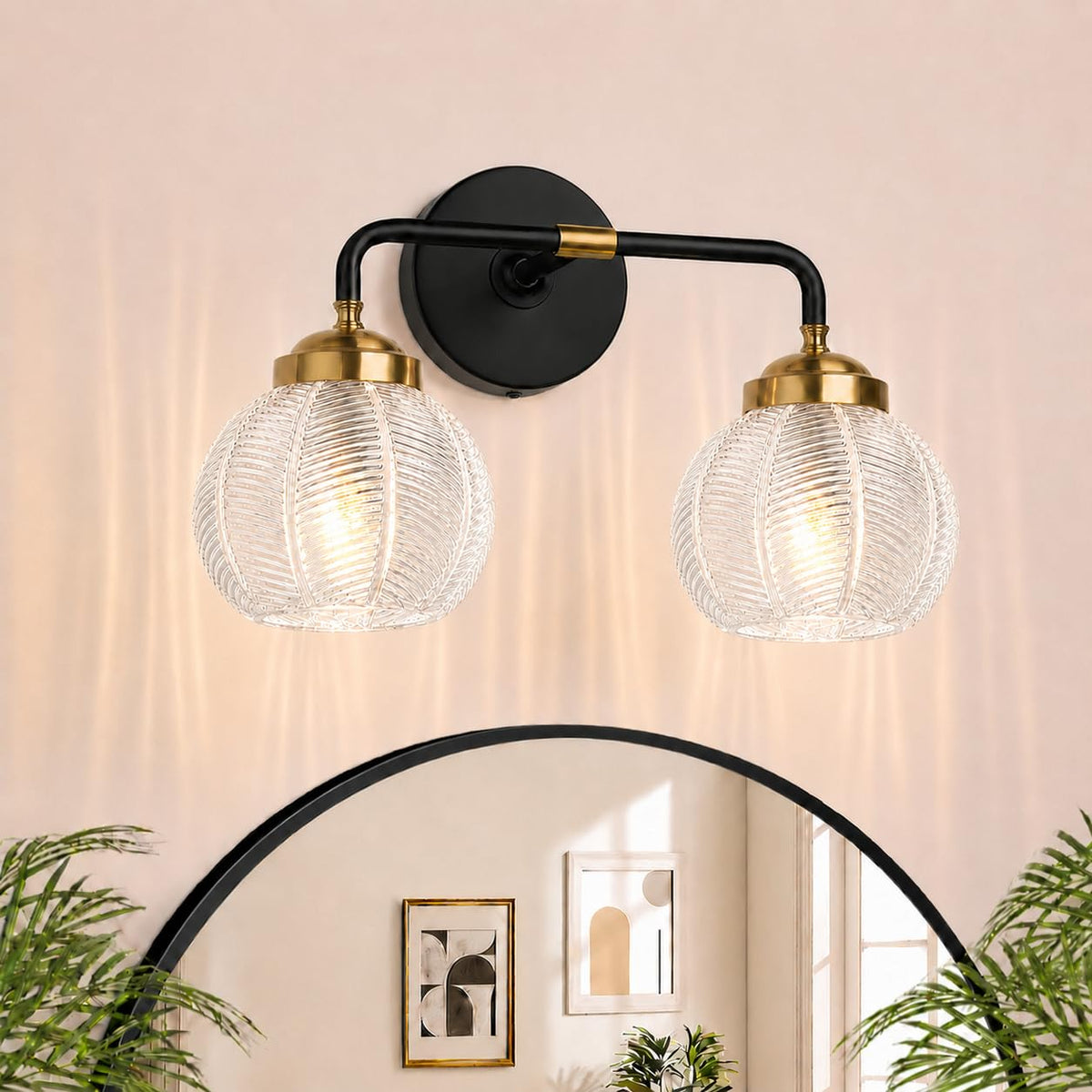 MOKATNG Bathroom Light Fixtures, 3-Light Green Vanity Lights with Unique Leaf Texture Glass Shade, Modern Matte Black and Gold Bathroom Wall Lamp for Mirror Hallway Cabinet Living Room