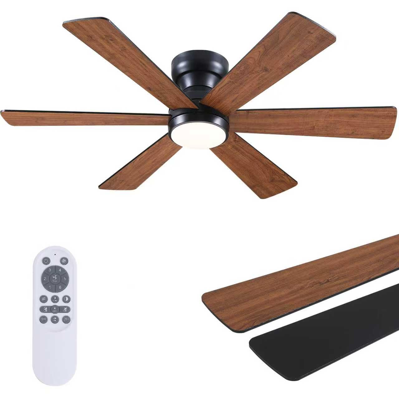Asyko 46"Black 6-Blade Modern Low Profile Ceiling Fan with Light and Remote | 6 Double-Sided Blades,6 Wind Speeds, Reversible,Dimmable 3 CCT LED Light, 25W Quiet DC Motor,1/2H Timer,for Bedroom Kitchen
