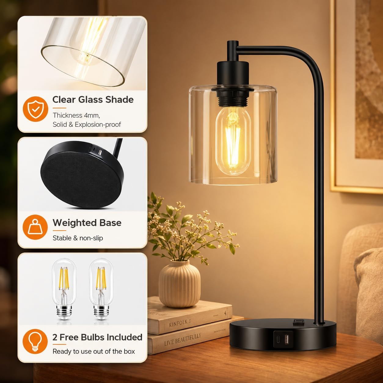 Set of 2 Industrial Touch Control Table Lamps with USB C+A Ports and AC Outlet - 3-Way Dimmable Black Bedside Lamps Nightstand Desk Lamps for Bedroom Living Room, Glass Shade & 2 LED Bulbs Included