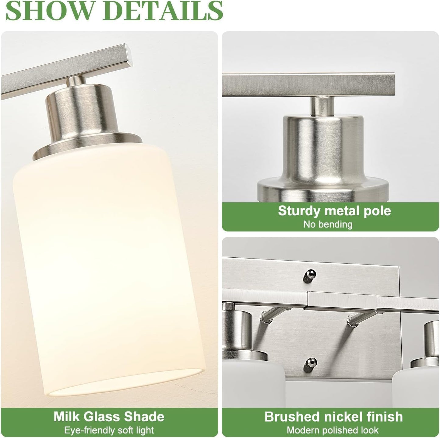 MOKATNG 4-Light Vanity Light with Milky White Shades, Brushed Nickel Bathroom Lighting Fixtures Over Mirror, Modern Bathroom Wall Lamp for Mirror Living Room Cabinet Bedroom