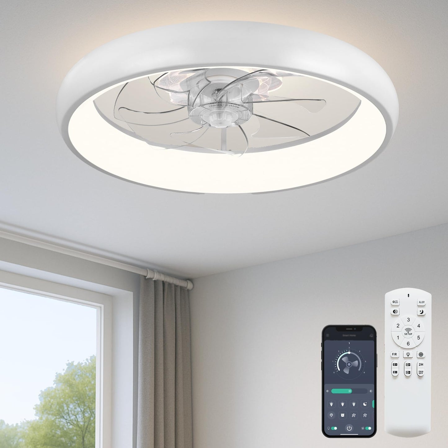 FSZDORJ 20'' Ceiling Fan with Light and Remote, Low Profile Ceiling Fan with Light, Dimmable Flush Mount Ceiling Fan Light, 6 Speeds Fan, App&Remote Control, Fandelier Quiet Fan for Bedroom F115 Black