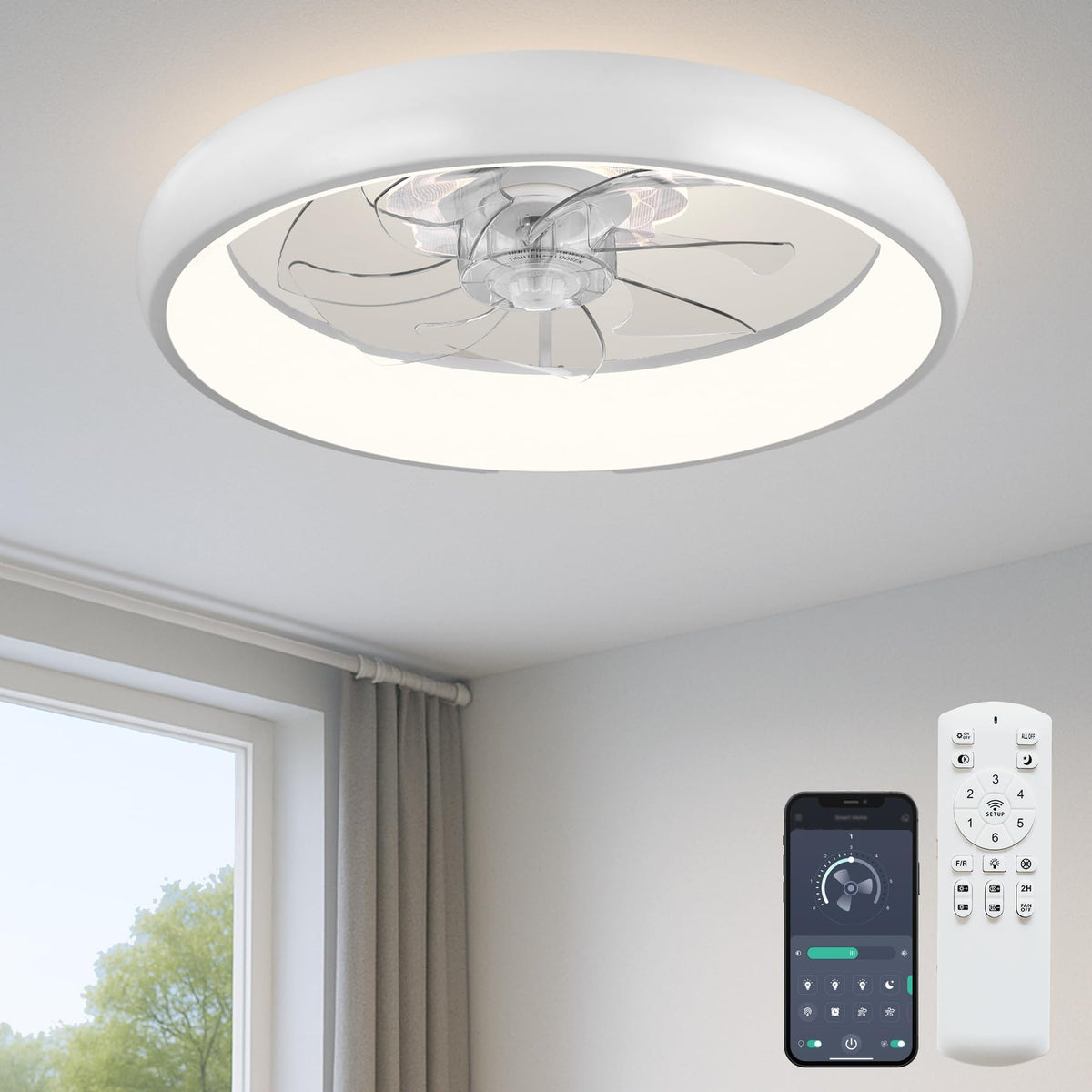 Fszdorj 20'' Ceiling Fan with Light and Remote,White Low Profile Fandelier | 3-Color Night Light, 3000-6500K Dimmable LED, Flush Mount, Remote & App, 6 Speeds & Reverse, Memory, Timer, Quiet Bedroom Fan