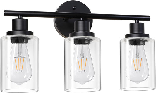 Modern Bathroom Light Fixtures, 3 Light Vanity Lights, Black Wall Lamp with Clear Glass for Bathroom, Mirror, Living Room, Bedroom, Hallway, E26 Base