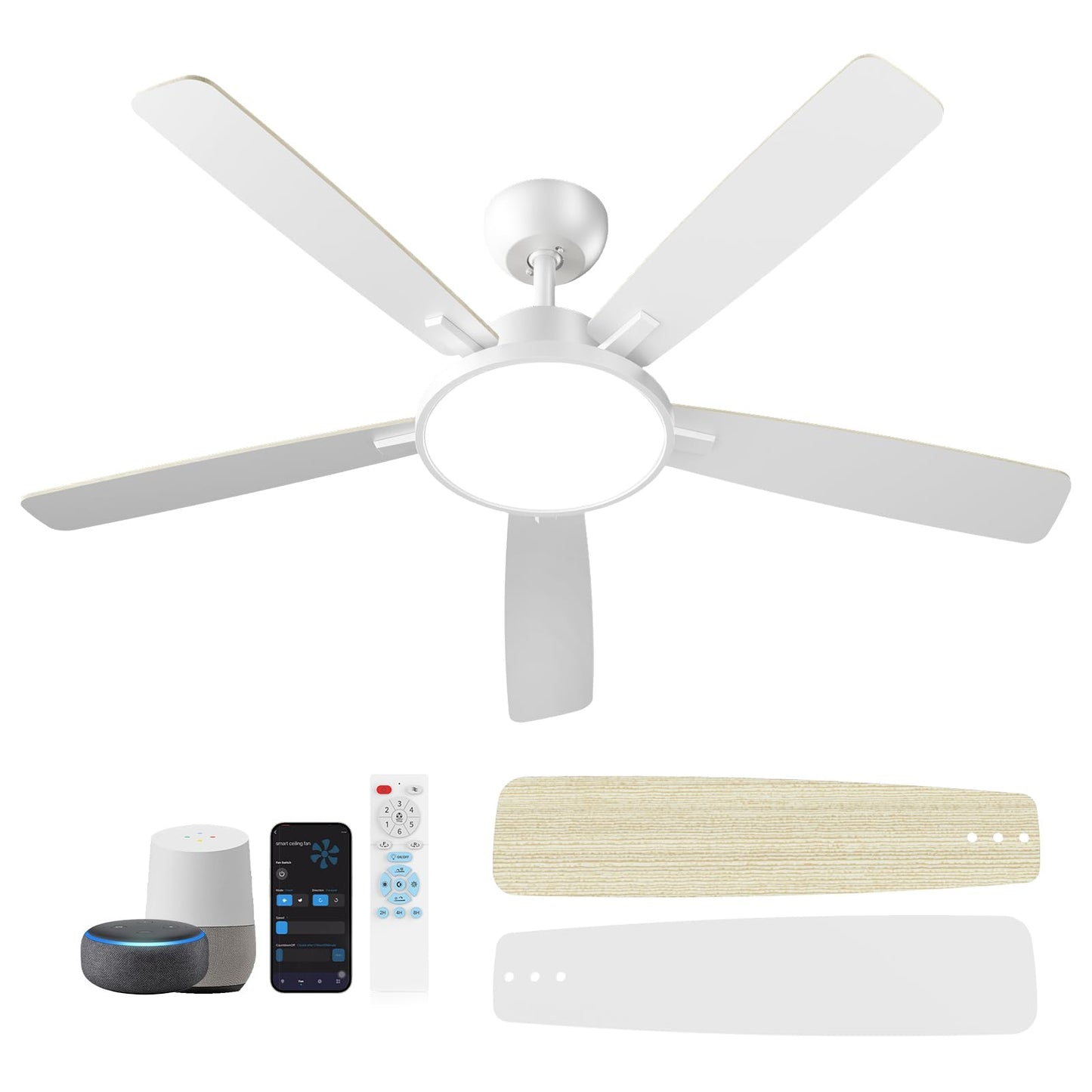 TALOYA 52 Inch Black Ceiling Fans with Lights Led Remote Control Flush Mount Low Profile for Bedroom Living Dining Room Outdoor Farmhouse Patio,Reversible,DC Motor,Diammable,Buzzer ON/Off,5 Blades