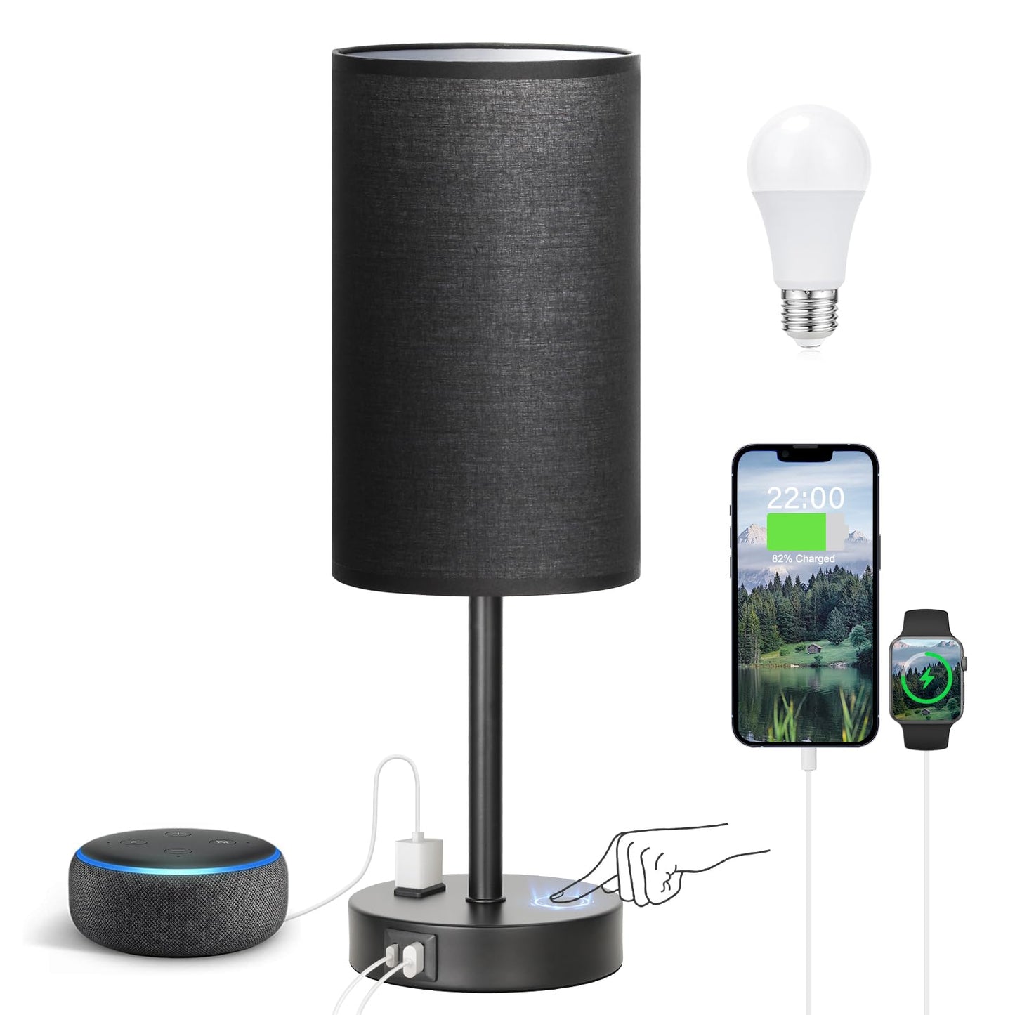 Bedside Table Lamp for Bedroom - Dimmable Touch, USB A+C, AC Outlet | 3-Way Dimmable, LED Bulb Included, Fabric Lampshade, Wood-Grain Metal Base, 14" Small Nightstand Lamp for Desk, Living Room
