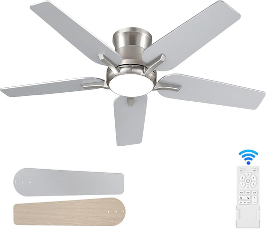 POCHFAN 42 Inch Ceiling Fans with Lights and Remote, Brushed Nickel Flush Mount Low Profile Ceiling Fan for Bedroom, Living Room, Patio, Dimmable 6 Speeds Noiseless Reversible, ETL Listed