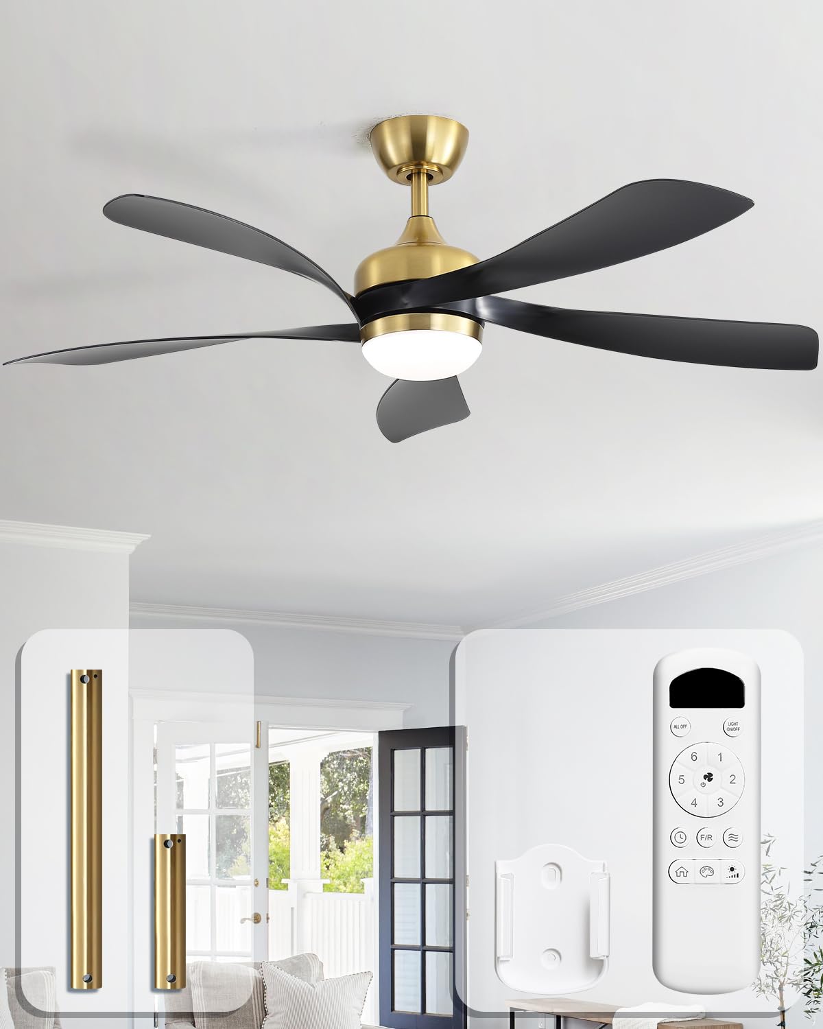 Sofucor 52 Inch Ceiling Fan with Light, 5 ABS Blades Brown | Remote Control Compatible, Reversible Quiet DC Motor, Timer, 6 Speeds, 3-CCT for Living Room Bedroom Patio Farmhouse