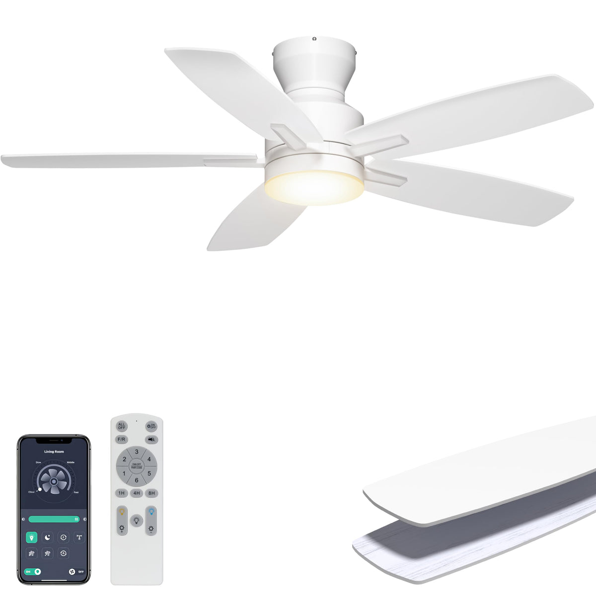 Ohniyou 52'' Low Profile Ceiling Fan with Lights, Remote/APP Control, Black | Flush Mount, Dimmable 3CCT LED, Quiet Reversible DC Motor; Memory Function, 4580 CFM, for Indoor Bedroom Living Room