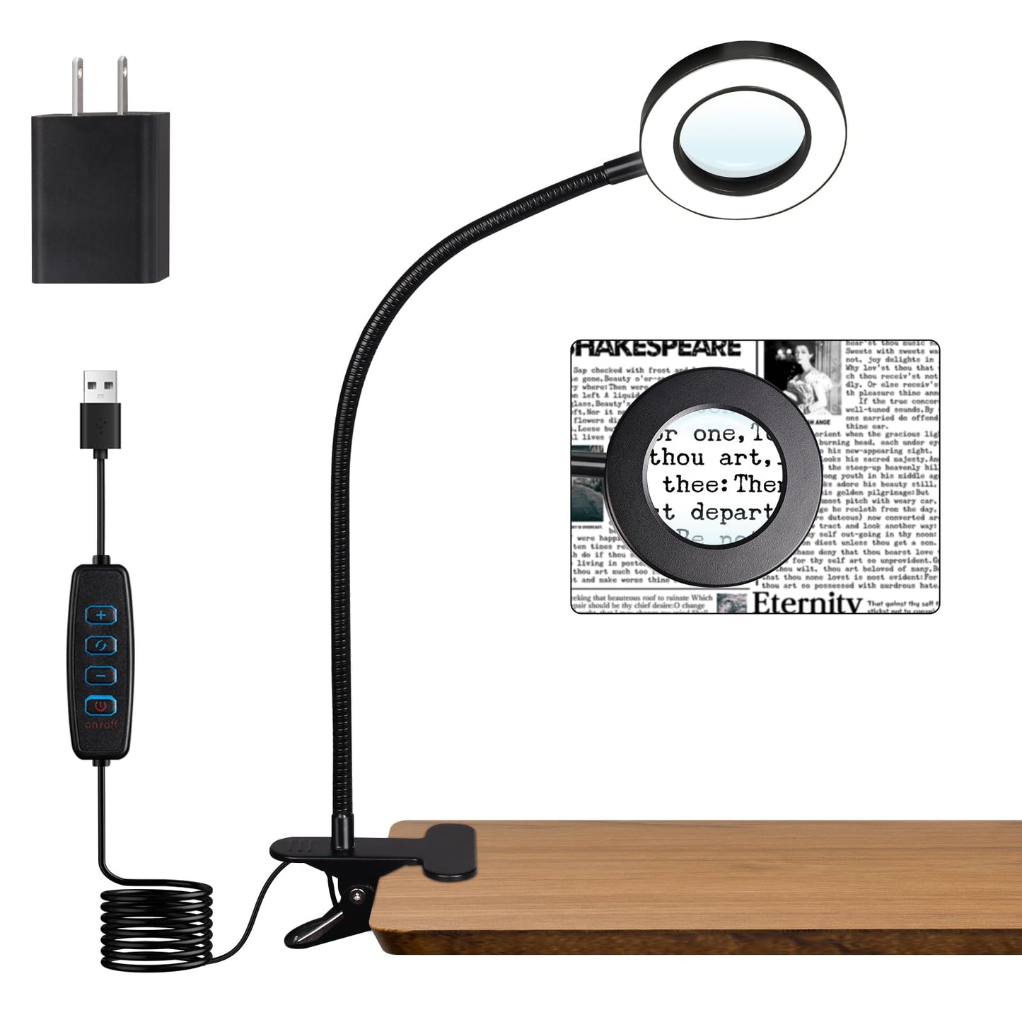 Woputne Desk Lamp Clip on Light for Bed Book Reading (Black) | 10 Dimmable Brightness 3 Light Modes Desk Lights for Home Office Clamp Bedside Lamp for Painting, Craft, Study