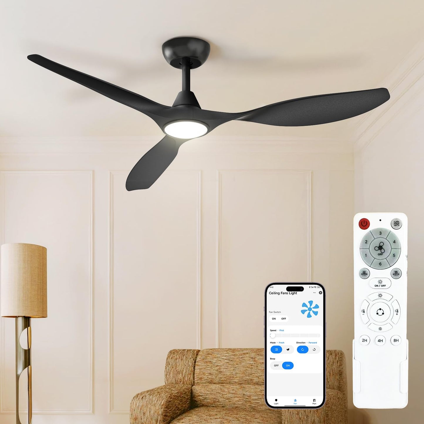 Roomratv 52'' Modern Ceiling Fan with Light, Wide Blade Design, Remote | DC Motor,Reversible,Color Adjustable,Dimmable,Led Light,6 Speeds,3 Timers,Modern,Plastic,Bedrooms, Living rooms,Indoor