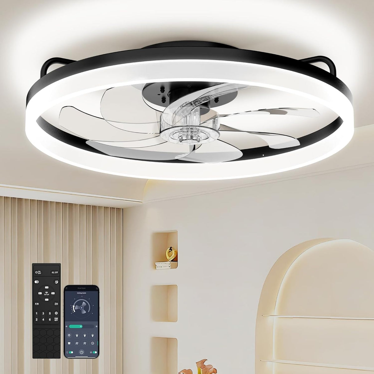20 Inch Ceiling Fan Light with Lights and Remote, Easy Install Ceiling Fans | Low Profile Flush Mount Ceiling Fans with Light, 3CCT Dimmable Smart Ceiling Fan Lights for Bedroom