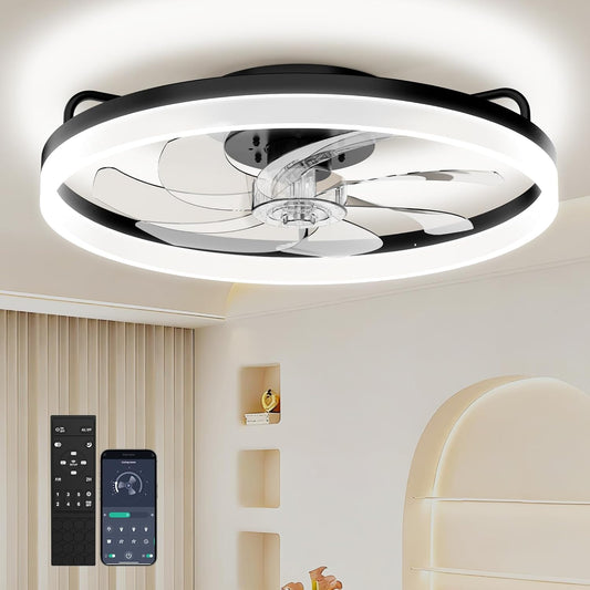20 Inch Ceiling Fan Light with Lights and Remote, Easy Install Ceiling Fans | Low Profile Flush Mount Ceiling Fans with Light, 3CCT Dimmable Smart Ceiling Fan Lights for Bedroom