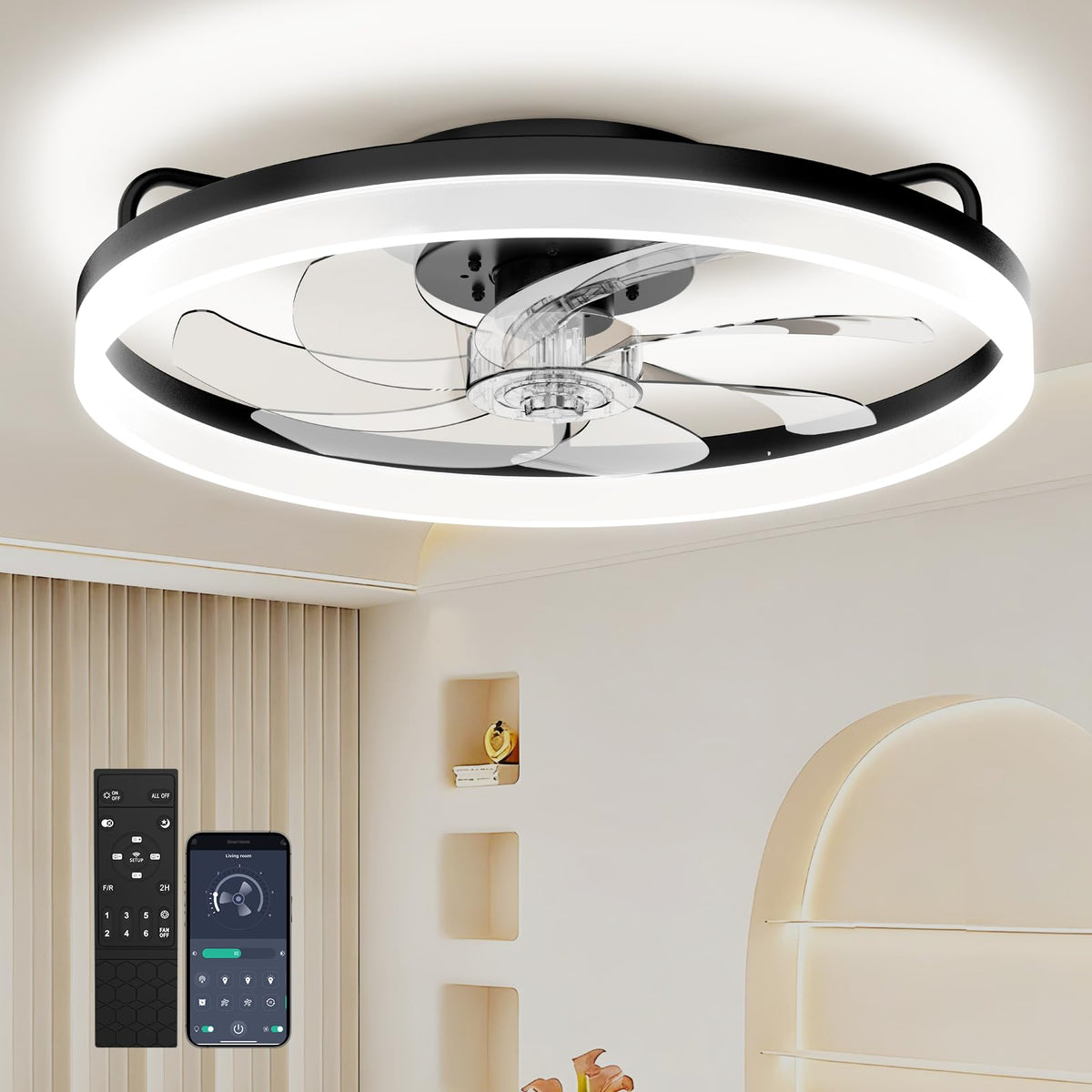 20 Inch Ceiling Fan Light with Lights and Remote, Easy Install Ceiling Fans | Low Profile Flush Mount Ceiling Fans with Light, 3CCT Dimmable Smart Ceiling Fan Lights for Bedroom