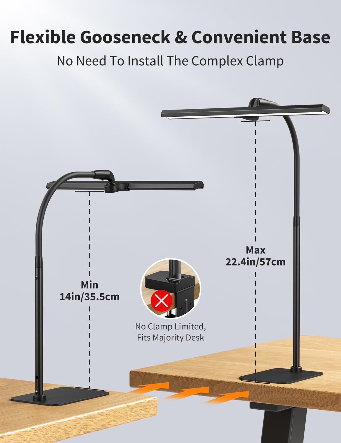 Kary LED Desk Lamp, Flexible Gooseneck Task Light with Base and Timer | 12W Tall Architect Lamp for Home Office Working, Reading, Crafting, Study, 5-Level Dimmable Brightness and Color