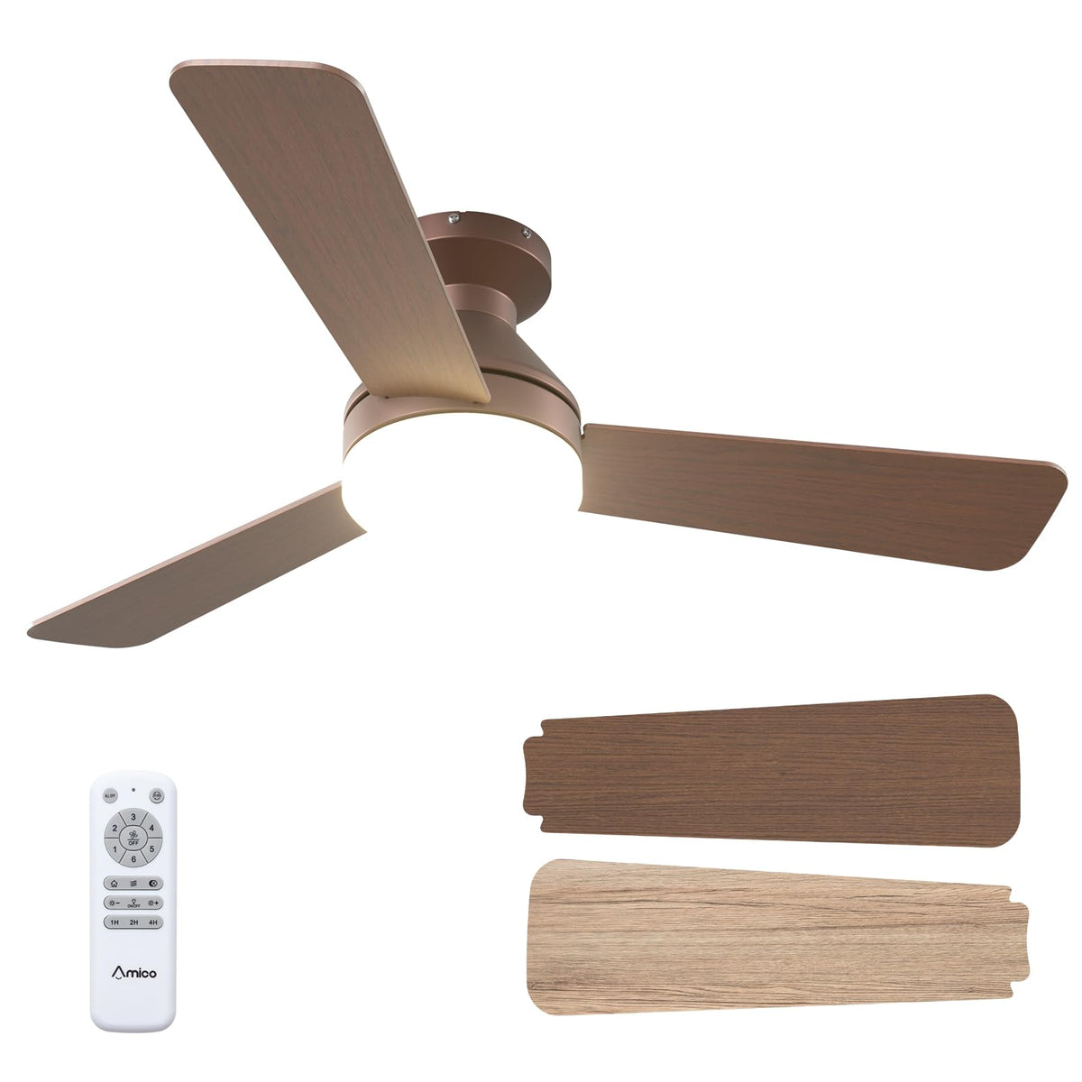 Amico 52 Inch Black Low Profile Ceiling Fans with Lights and Remote | Flush mount, 3-color dimmable light, quiet reversible DC motor, easy install, memory, timer, bedroom, covered outdoor areas