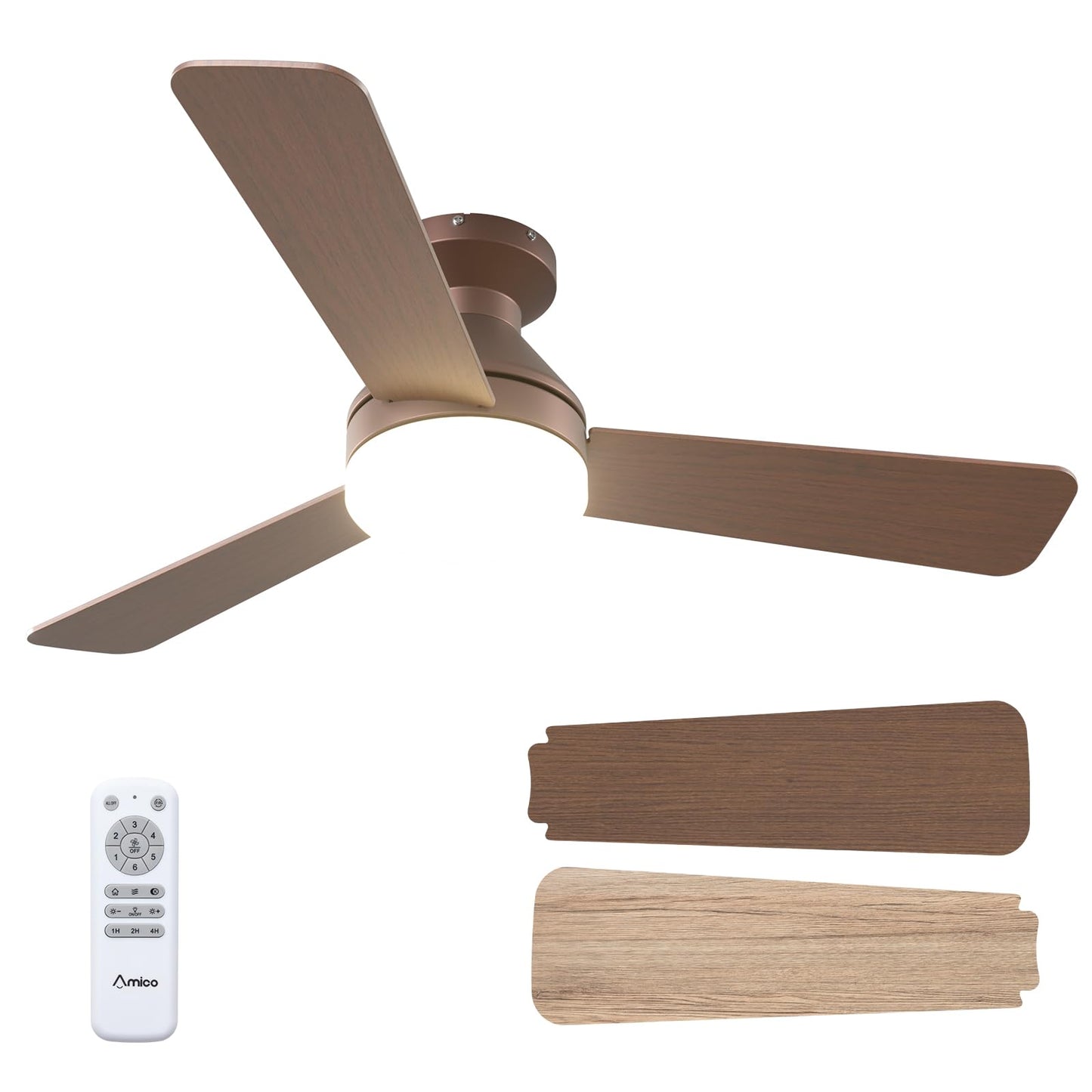 Amico 42 Inch White Low Profile Ceiling Fans with Lights and Remote | Flush mount, 3-color dimmable light, quiet reversible DC motor, easy install, memory, timer, bedroom, covered outdoor areas