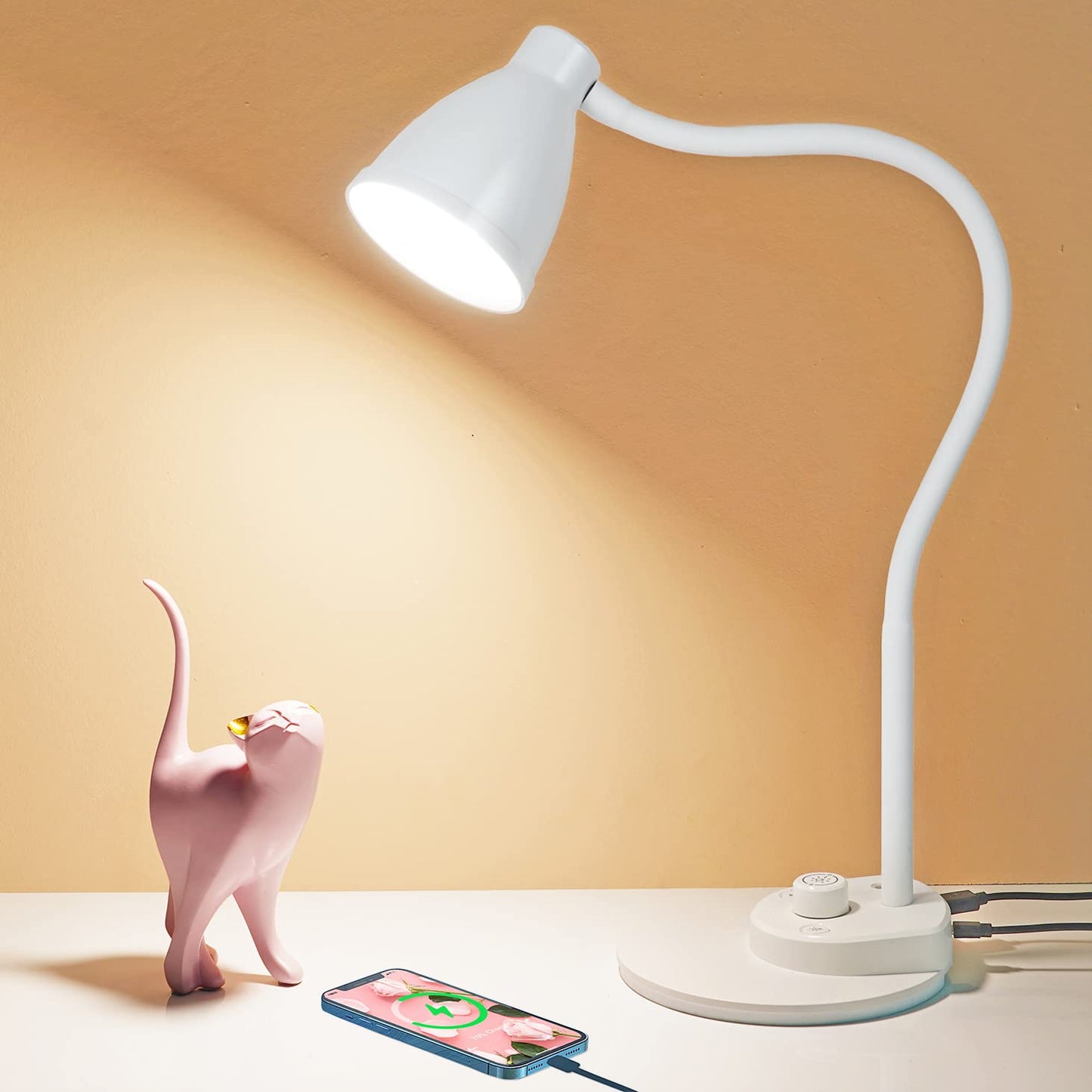 BOHON LED Desk Lamp with USB Charging Port 3 Color Modes Dimmable, Black | Reading Light Intelligent Induction Auto Dimming Task Lamp Neck Flexible Table Lamp for Bedside Office, AC Adapter Include