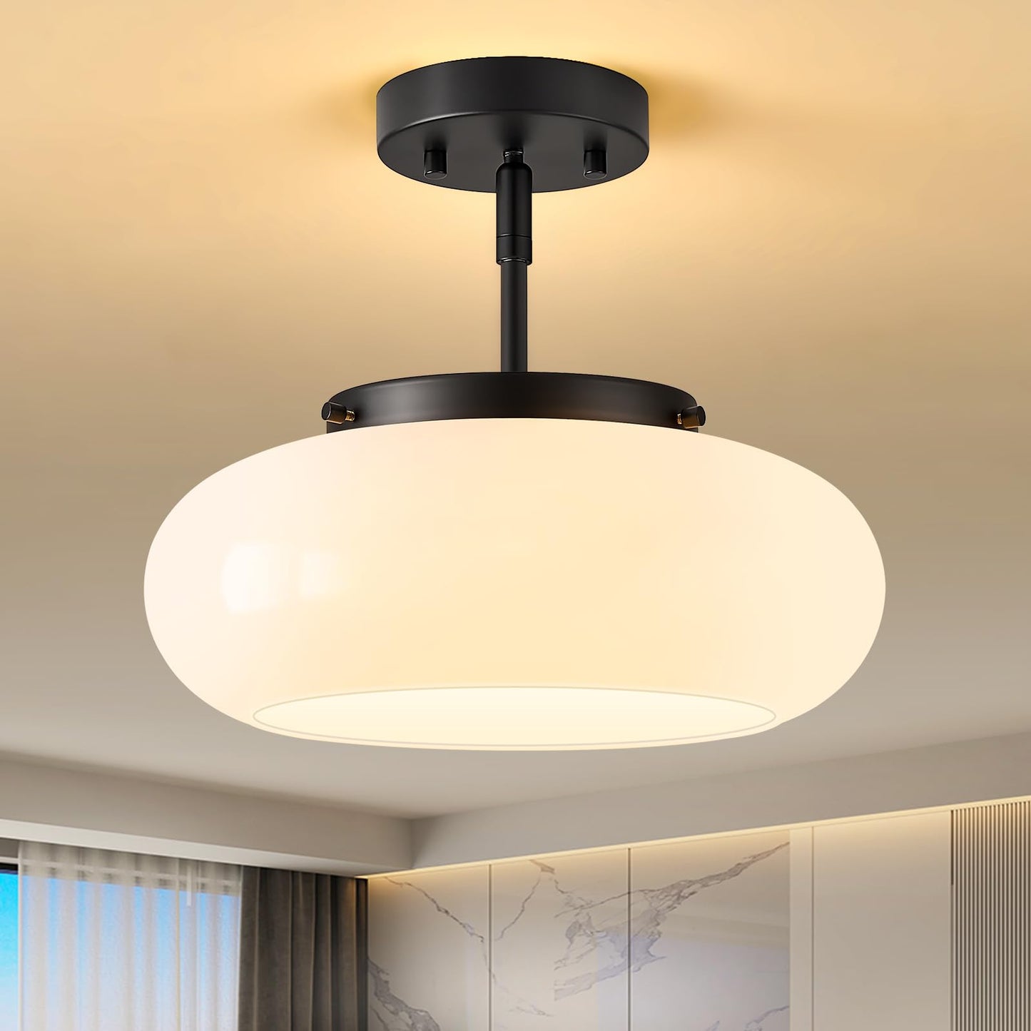 WOKNOS Mid-Century Modern Gold Semi Flush Ceiling Light 11.0 Inch | Small White Glass Shade Close to Ceiling Lighting Fixture For Kitchen Entryway Hallway Bathroom Closet Bedroom Laundry Room