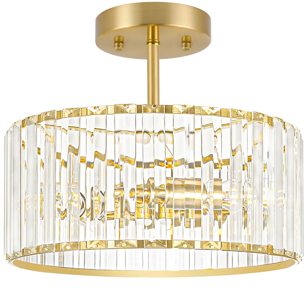 Crystal Ceiling Light Fixture, Modern Semi Flush Mount Ceiling Light, Gold Hallway Lighting Fixtures Chandelier for Kitchen, Close To Ceiling Light Fixtures for Entryway Bedroom, 1-Light, 11Inch